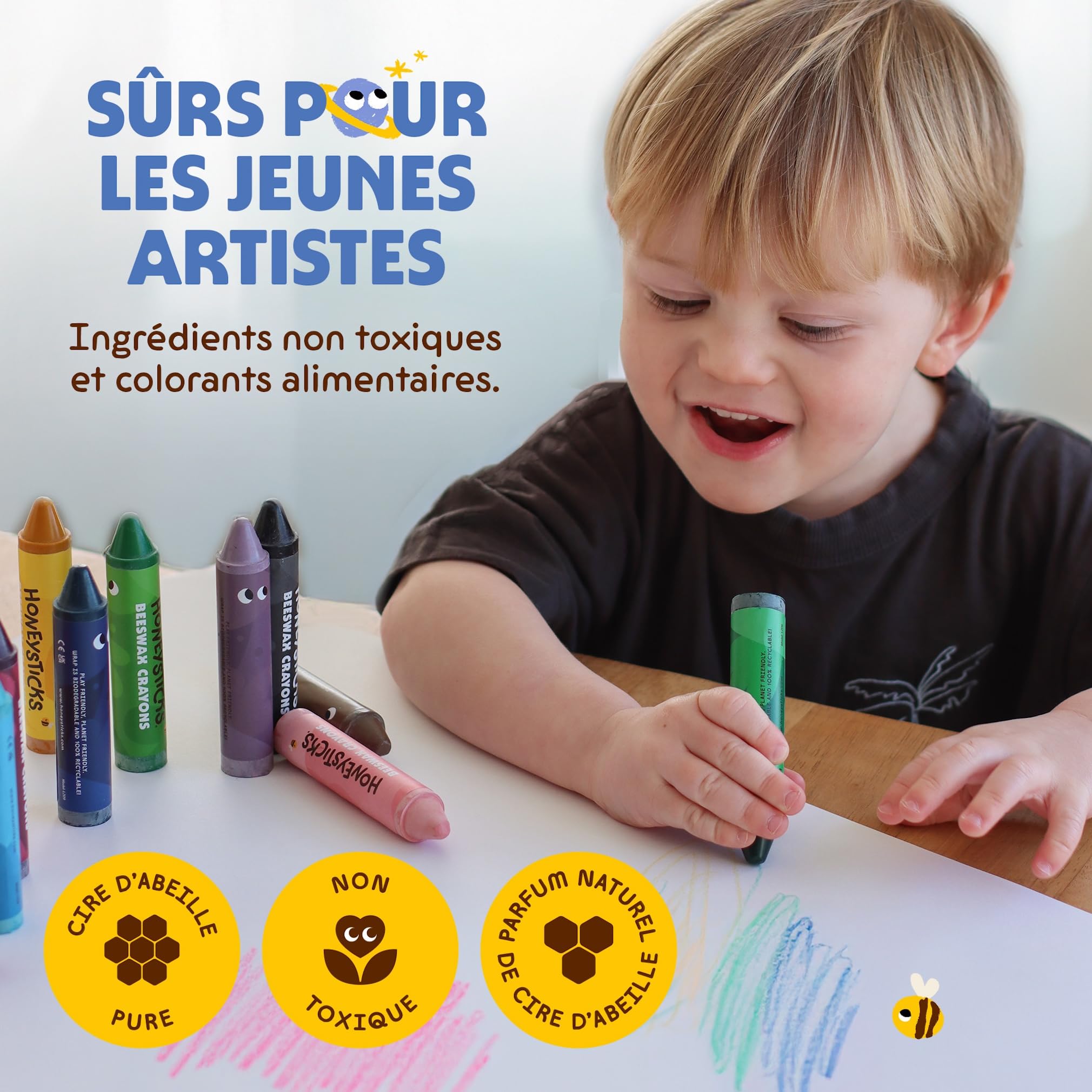 Honeysticks crayons super jumbo (12 unités) - 100% cire d'abeille, couleurs alimentaires, non toxiques, incassables, extra grands, faciles à tenir, écologiques, 1-3 ans