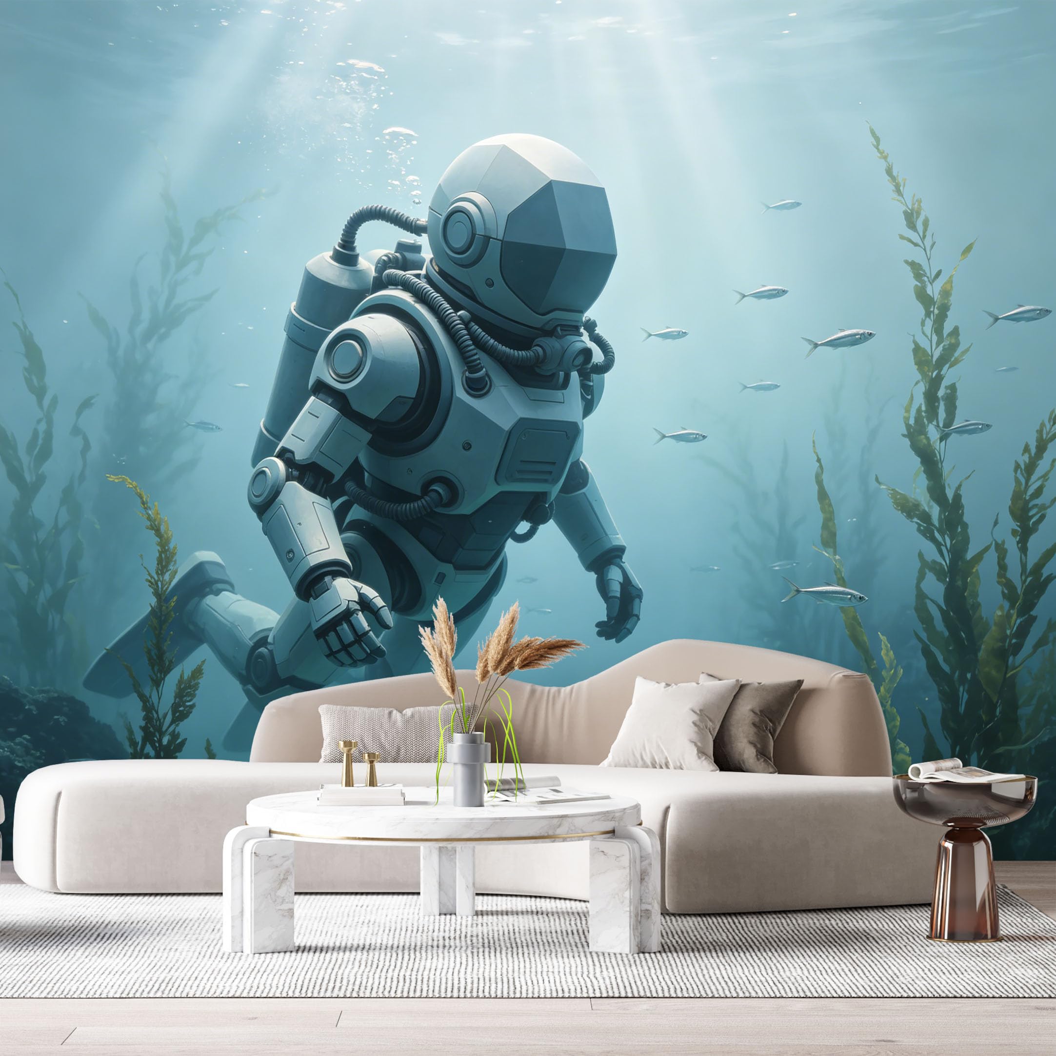 Custom Size Wall Mural Underwater Mech Diver Futuristic Robot Submarine Exploration SciFi Style SelfAdhesive Art Prints Removable Large Wallpaper Esports Room Game Room Tenant Room Studio
