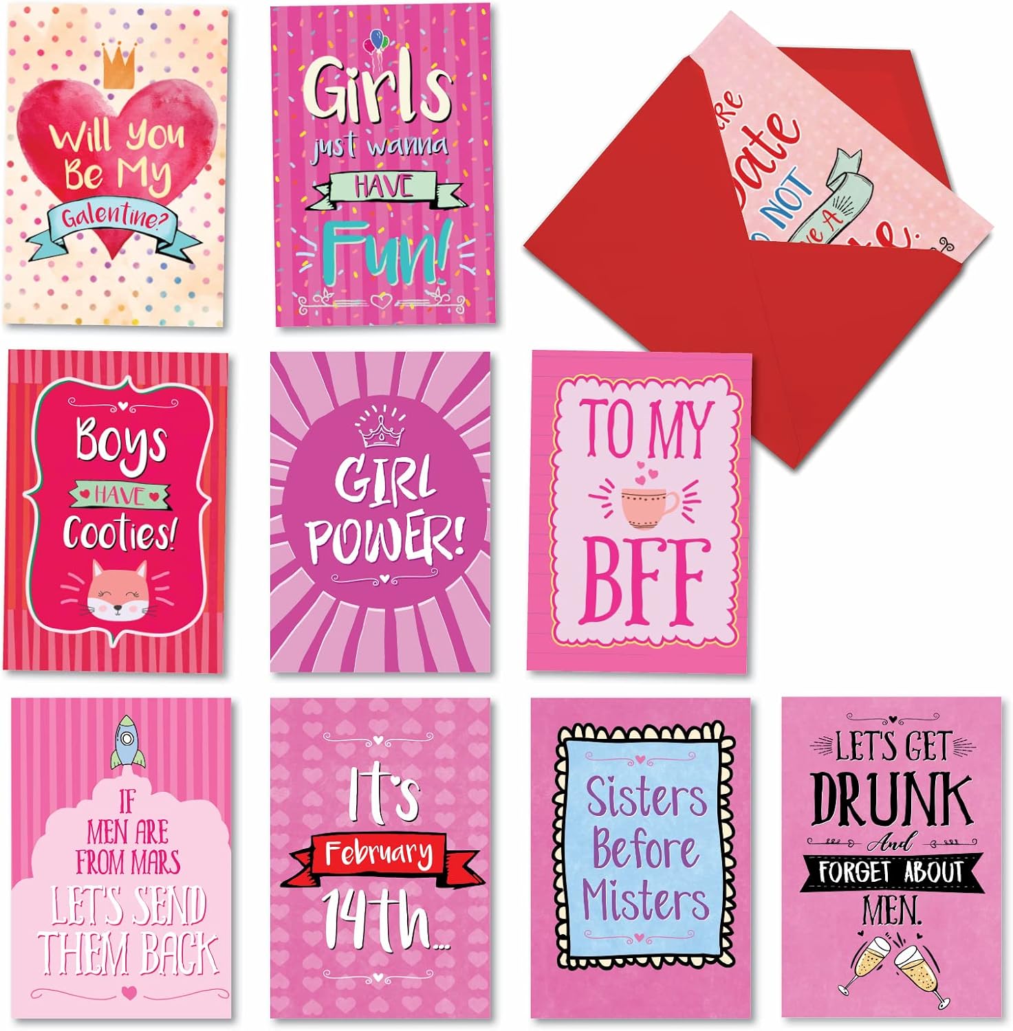 NobleWorks 10 Assorted Box Set Funny Galentine's Day Greeting Cards w/ 5 x 7 Inch Envelopes (10 Designs, 1 Each) Be My Galentine AC3355VDG-B1x10