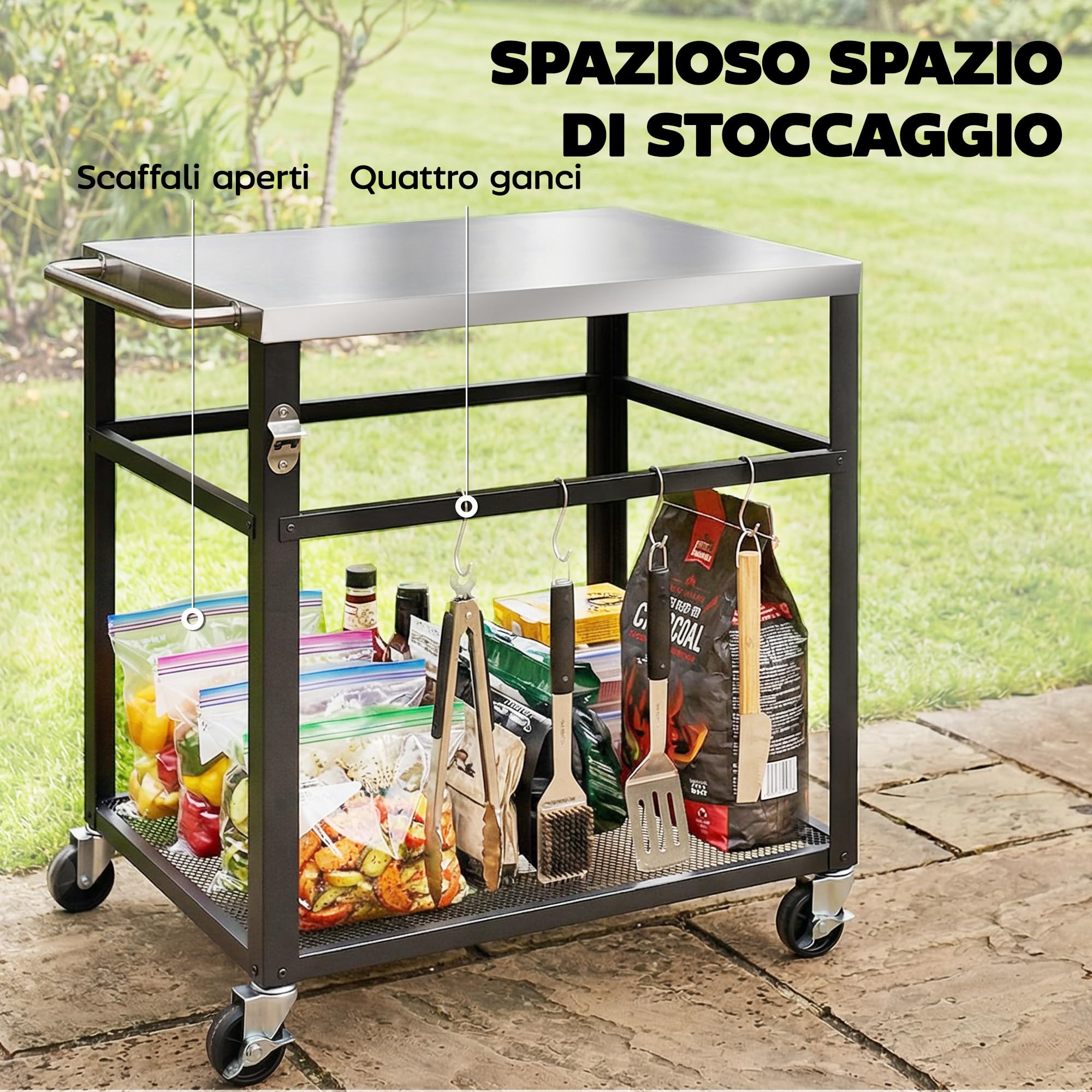 Outsunny Carrello per Barbecue da Esterno, Tavolo Cucina per Forno a Pizza con Piano in Acciaio Inox, 4 Ganci a S, Maniglia, Apribottiglie e Ruote Bloccabili, 82x55x79 cm, Nero