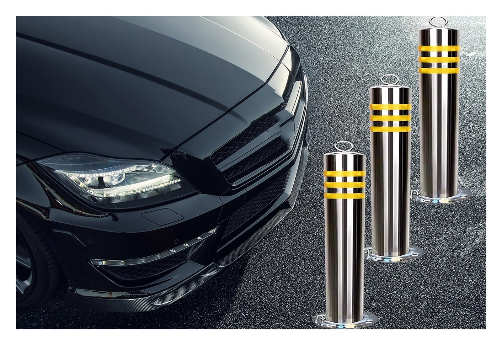 JYBNBBE Parking Bollards Post Cone Driveway Caution Sign Detachable Safety Bollard Parking Barrier, Steel Traffic Delineator Post with Reflective Strips and Hanging Ring,3Pack-H80cm
