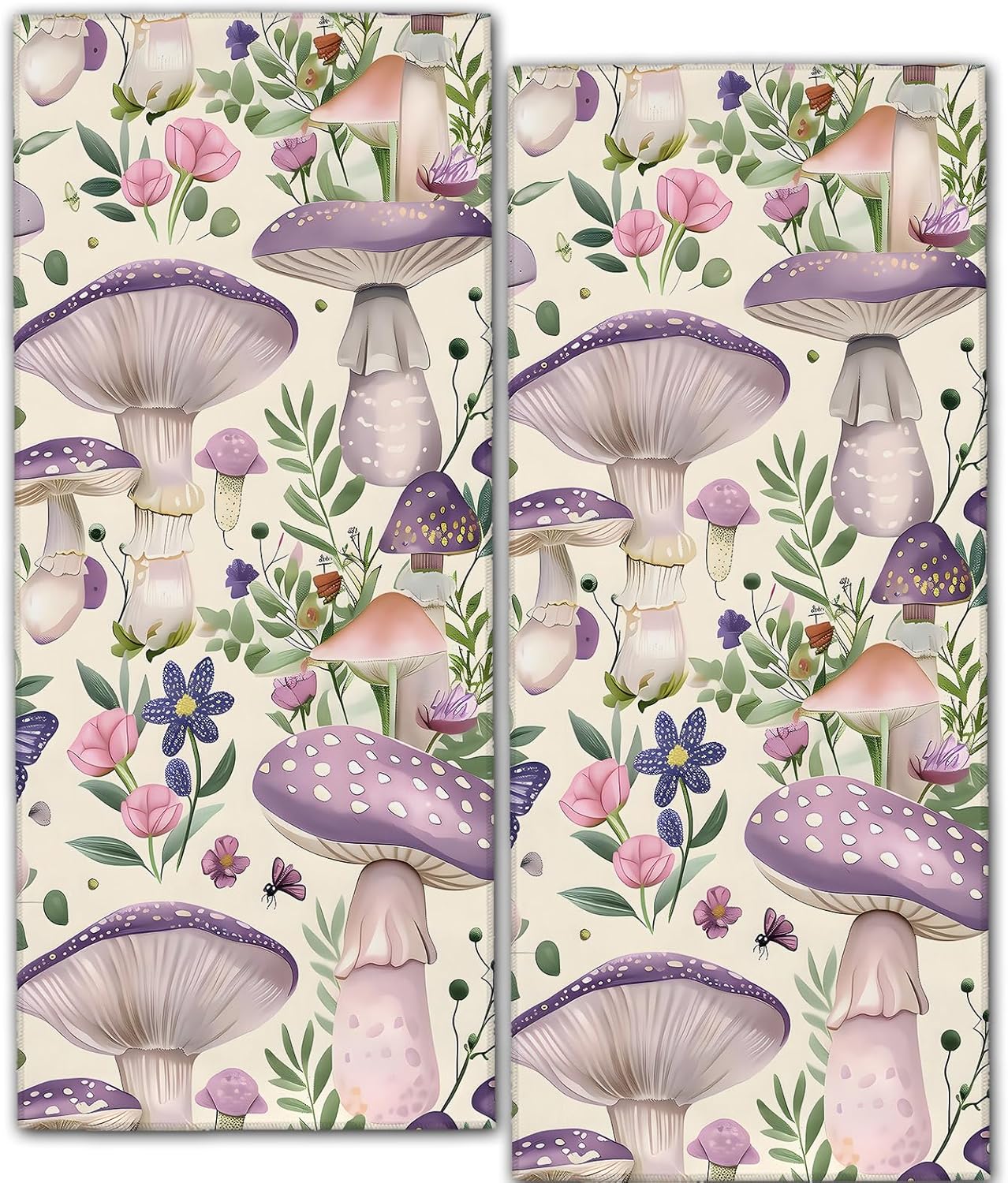 Whimsical Mushroom Forest 2 Pack Hand Towels, 14.5x28 Inch Towel Set with Wildflower and Butterfly, Soft Absorbent Polyester, for Bathroom Kitchen Cabin Home Decor Gifts for Adults