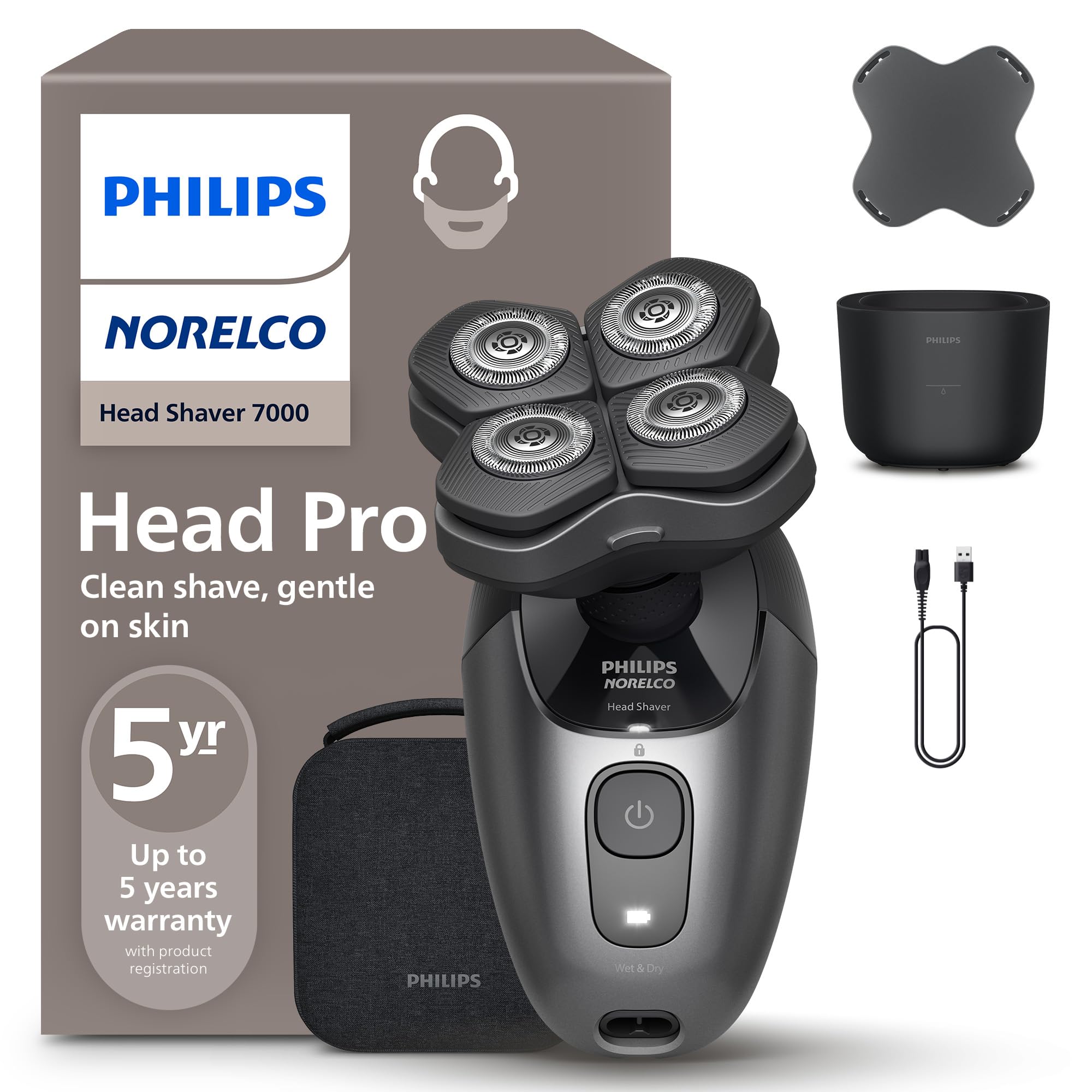 Philips Norelco Head Shaver Pro 7000 Series - Skull Shaver for Men and Women, 360° Flexing Head & ComfortCut Blades for Clean Shave, Gentle on Skin, Model HS7980/40