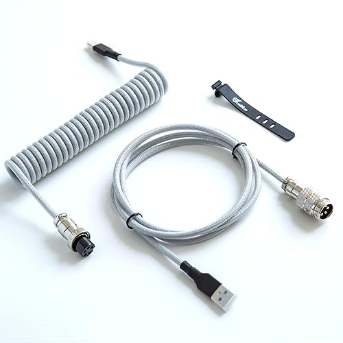 GUNMJO Pro Custom Premium Coiled USB C Cable for Gaming Keyboard, Double-Sleeved Mechanical Keyboard Cable with Detachable Metal Aviator, 1.5M USB-C to USB-A, Marble Gray Color
