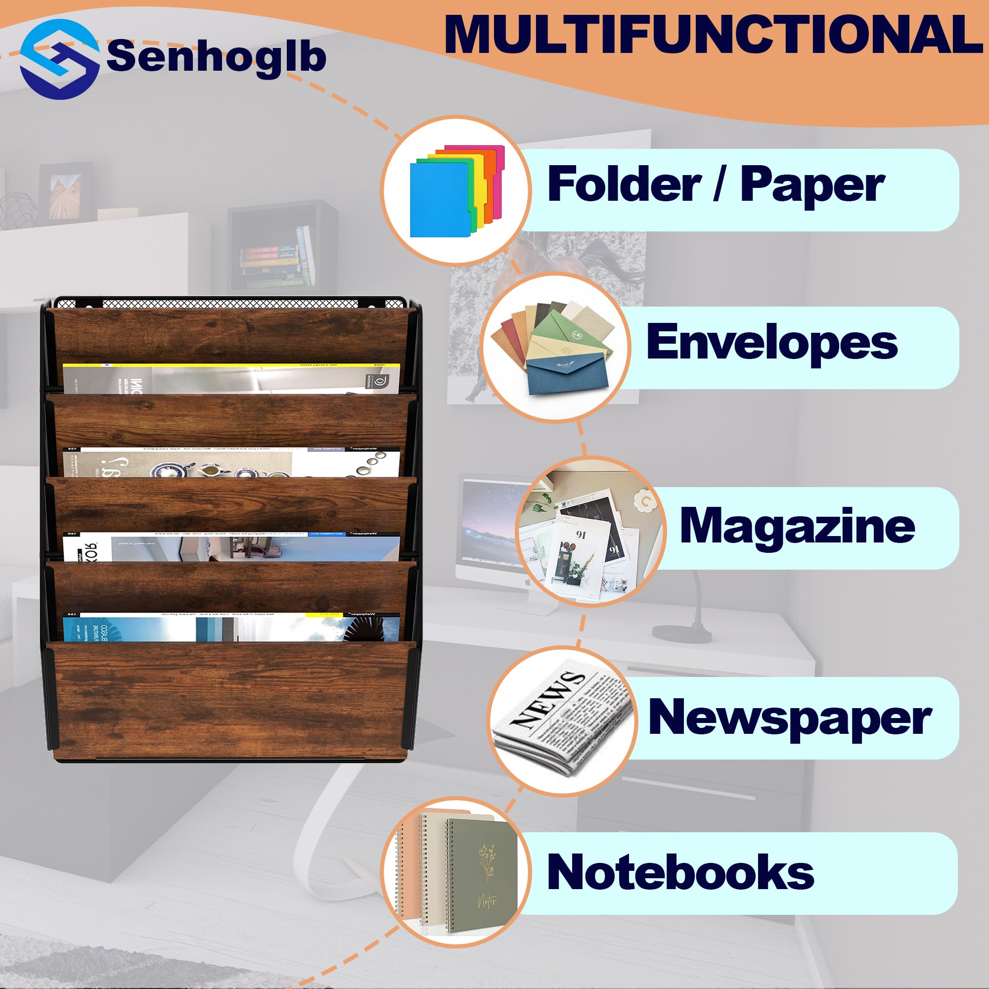 Antique Brown Organizer Mesh Wall File Organizer - 5-Tier Hanging ...