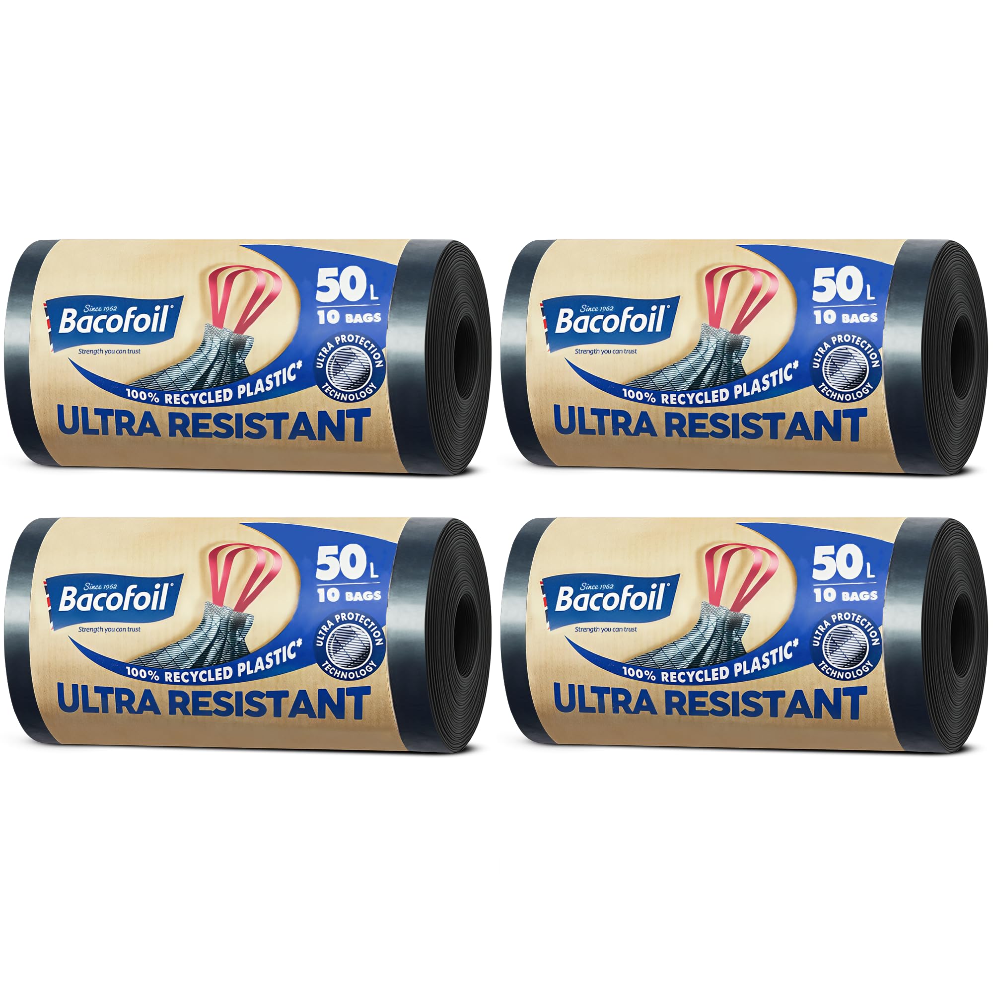 Bacofoil Ultra Resistant Bin Liners with Drawstring Handles 50L - Leak-Proof and Tear Resistant Bin Bag with Ultra Protection Technology (4 Rolls, 40 Bags)