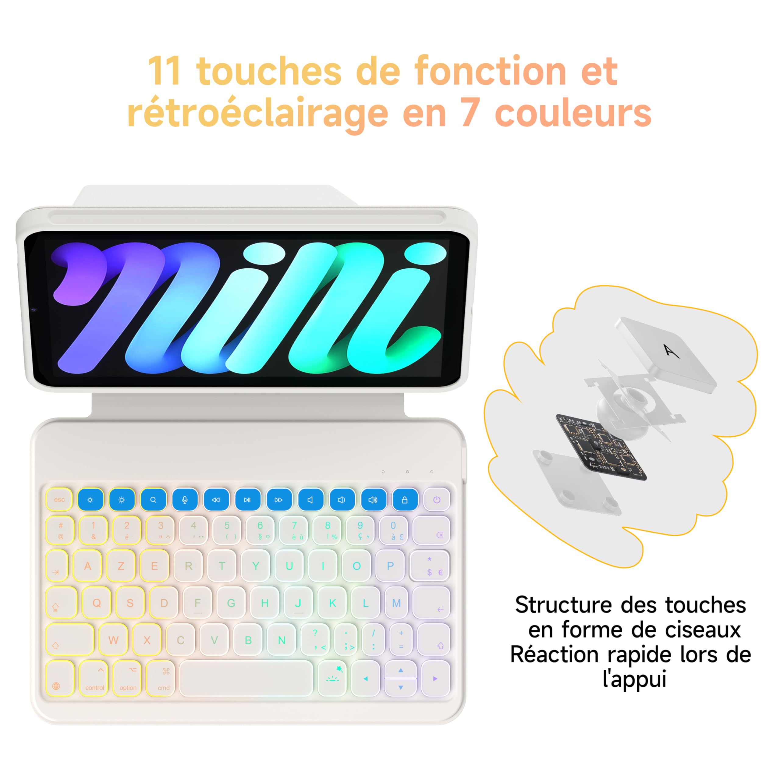 HOU Étui Clavier pour iPad Mini 7e/6e génération, 8,3 Pouces, Folio Bluetooth, Clavier Magnétique Amovible à 150 Degrés, Résistant aux Rayures et aux Chocs, Charge USB-C
