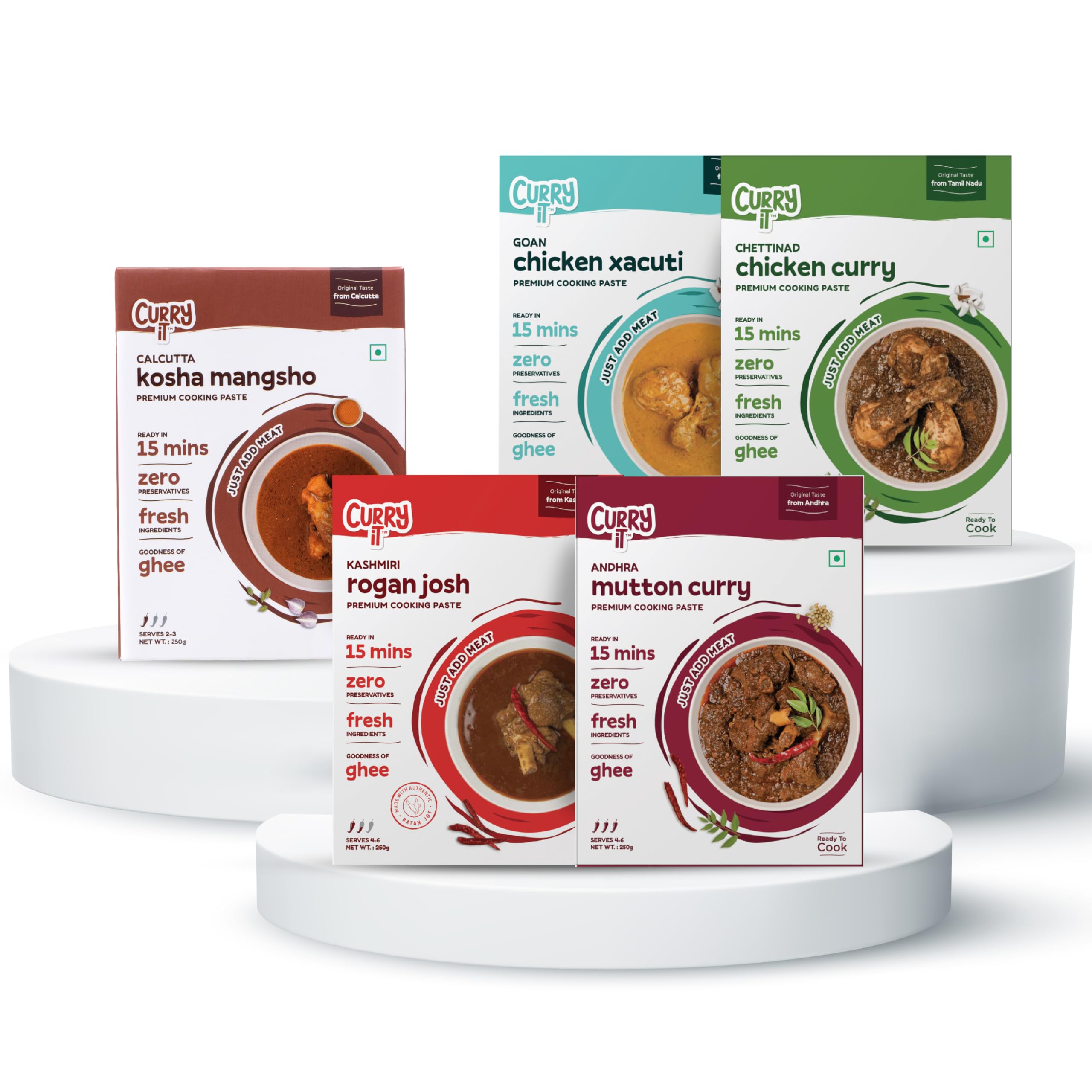 CURRYiT Ready to Cook Meaty Feast Curry Paste combo Kashmiri Rogan Josh,chettinad Masala, Kosha Mangsho,Goan Xacuti,Andhra Masala| Indian Masala Gravy | Made with Ghee | Ready in 30 Minutes | No Preservatives | 100% Mom Approved | Gluten-Free (B0BXB41WN6) Amazon Price History, Amazon Price Tracker