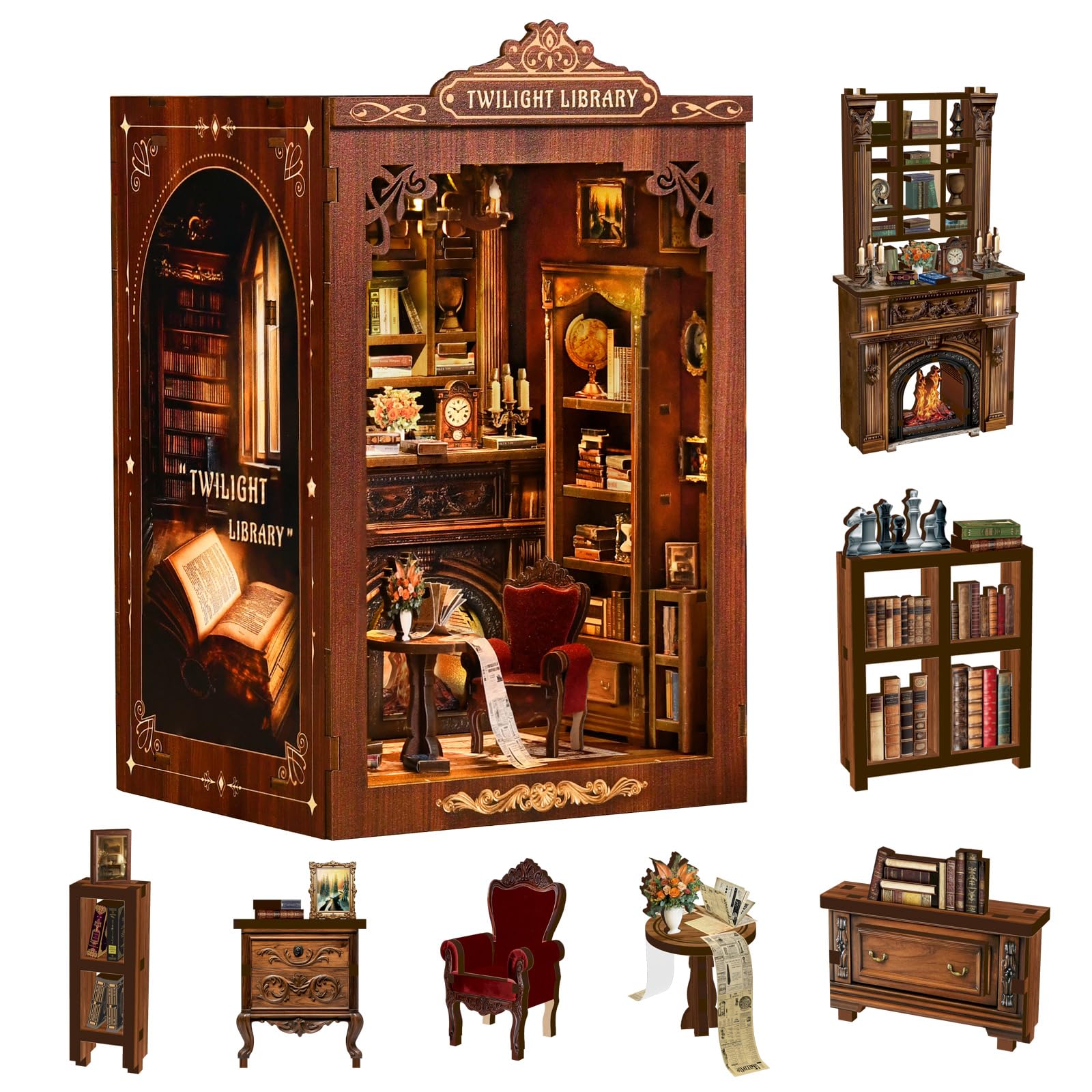Hestremo Book Nooks for Adults, DIY Miniature Dollhouse Kit, 3D Wooden Puzzle, Bookshelf Decor, Craft Gift for Adults Teens
