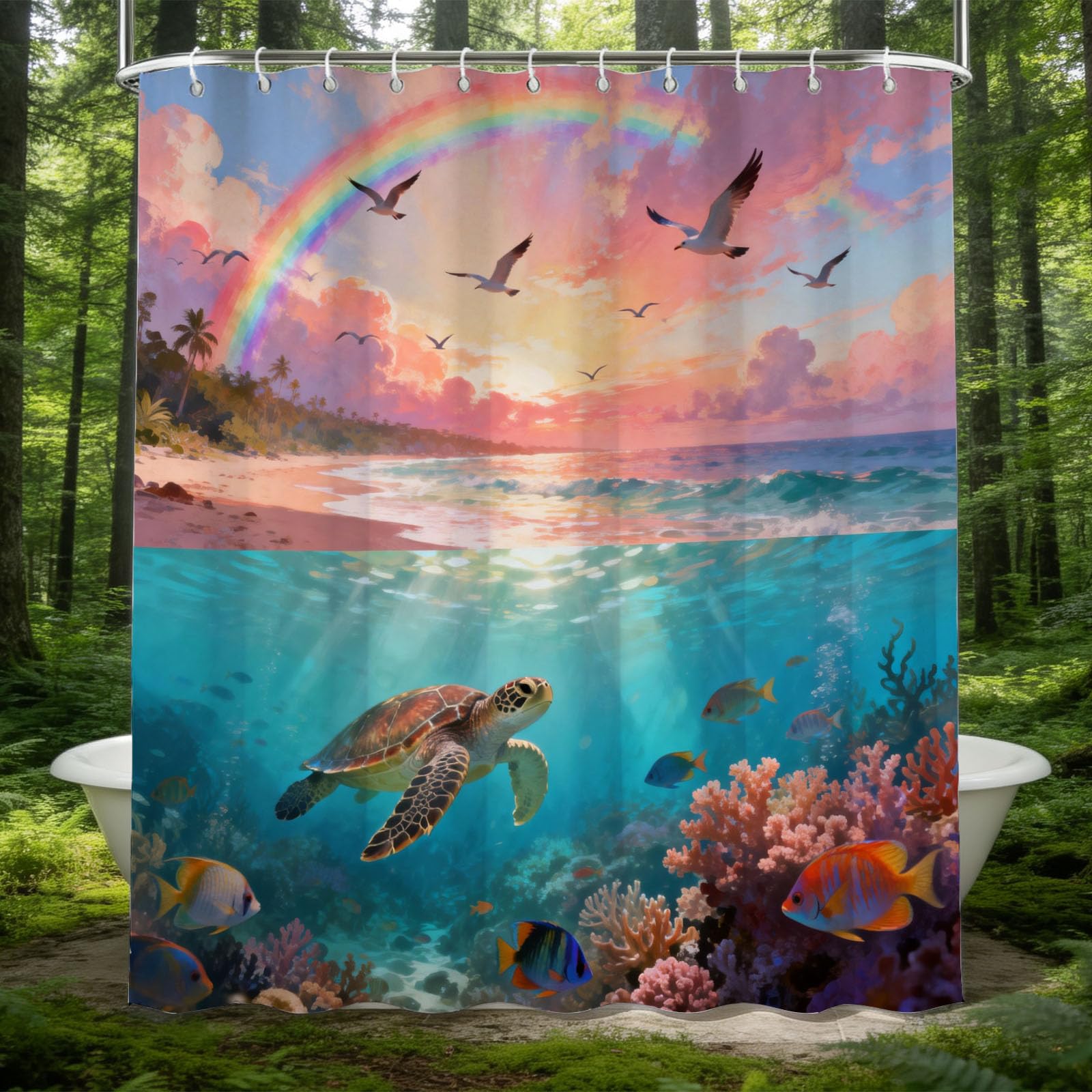 Hongduo 3D Coral Turtle Shower Curtain for Stalls Bathtubs Cartoon Bathroom Decor Shower Curtain Set Polyester Fabric Waterproof 180x180cm/71X71 Inch with Hooks