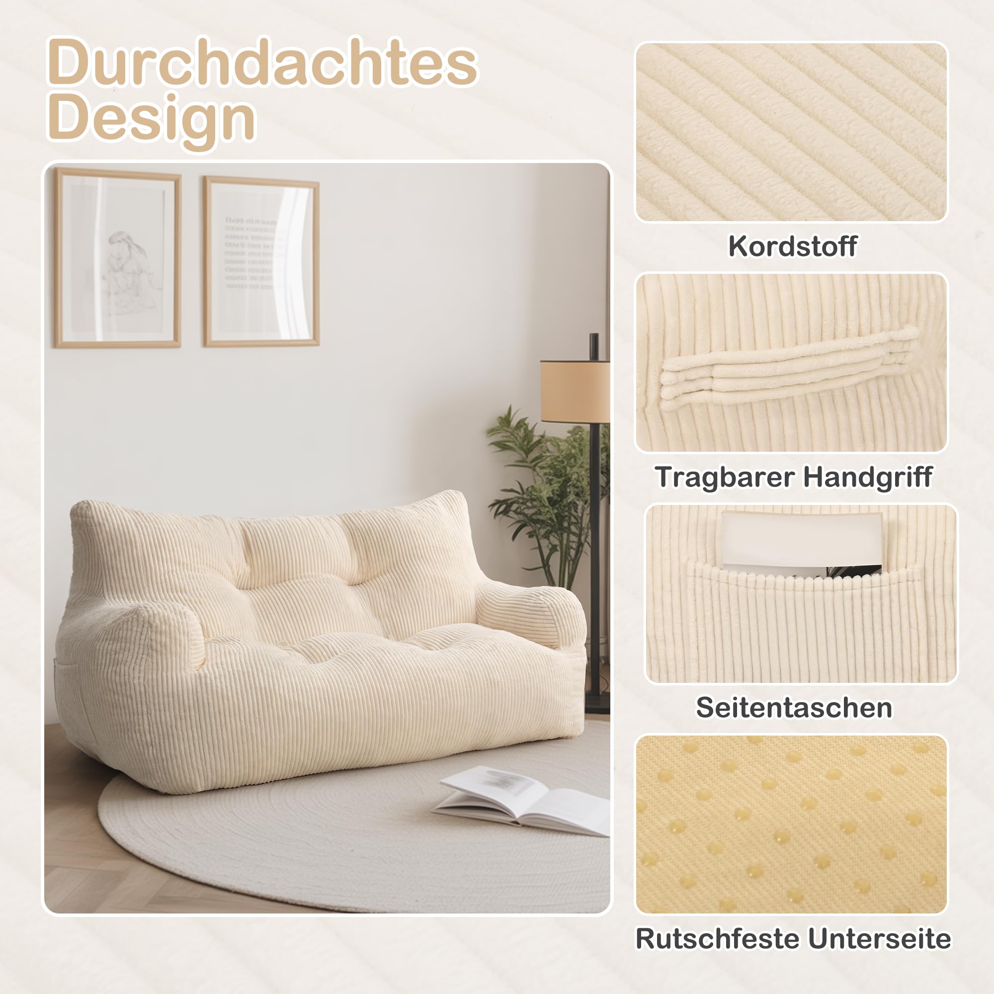 Pamapic Sitzsack, Sitzsack Erwachsene mit Füllung, Doppeltes Lounge Sessel mit Tragbarem Griff, Modernes Ergonomisches BeanBag, Indoor Sitzsäcke Stuhl für Wohnzimmer, Schlafzimmer, Spielzimmer, Beige