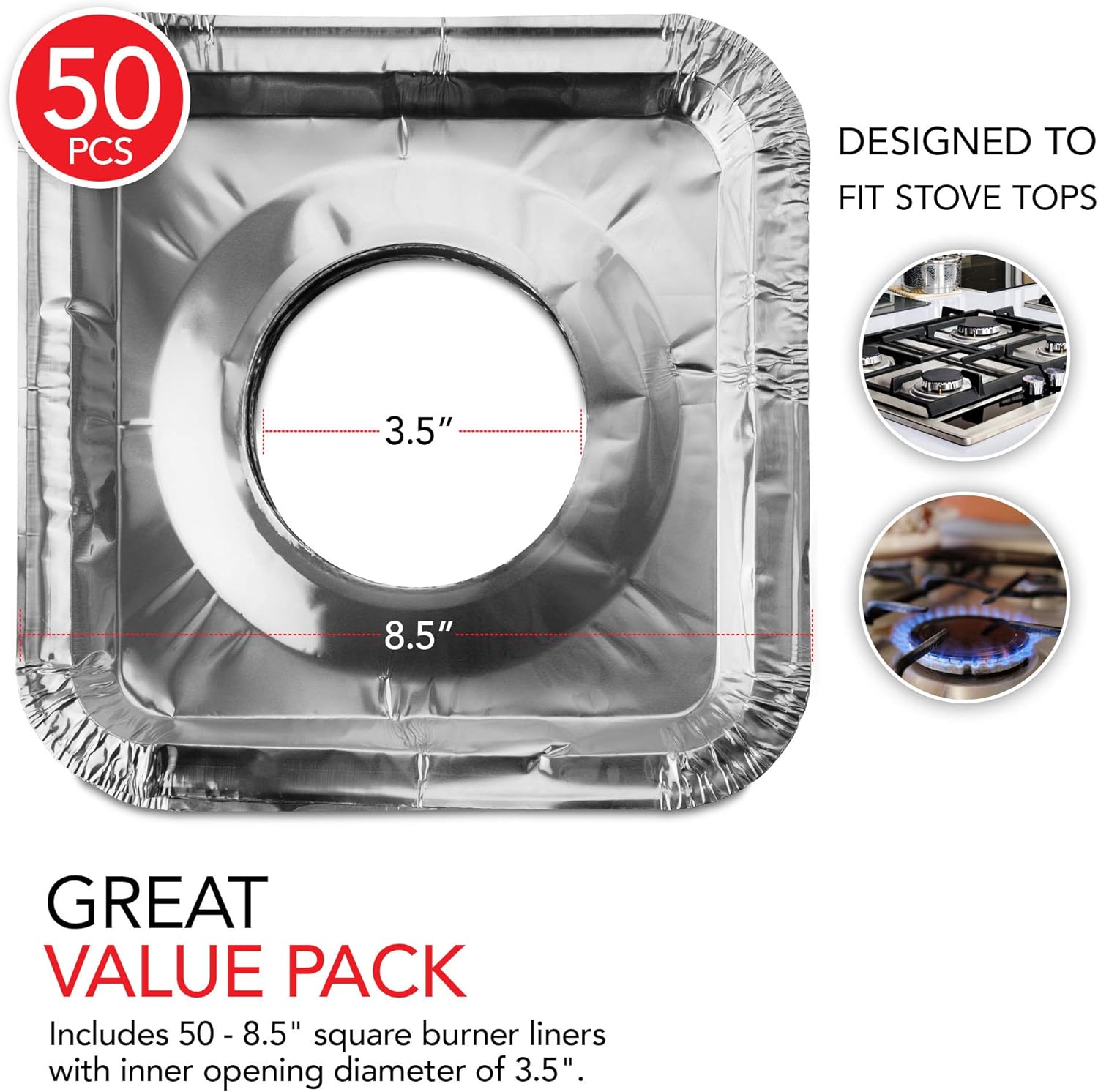 Disposable Gas Burner Liners (50 Pack) Aluminum Foil Square Gas Stove Burner Covers - 8.5 Inch Gas Range Protector, Stove Top Covers for Gas Burners, Foil Liners to Catch Oil, Grease, and Food Spills
