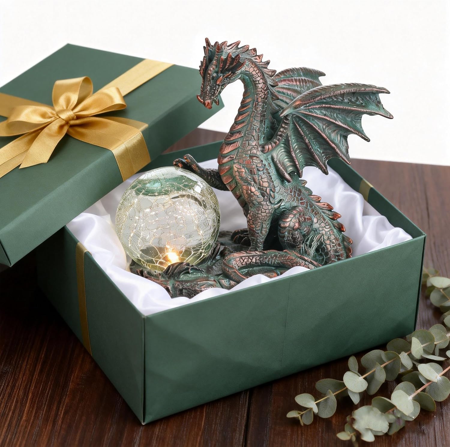 TERESA'S COLLECTIONS Dragon Outdoor Statues with Solar Crackle Globe Light, Resin Bronze Gothic Garden Decor,Touching Magic Ball Resin Lawn Ornaments for Patio Yard Decorations Gifts for Mom Dad, 6"