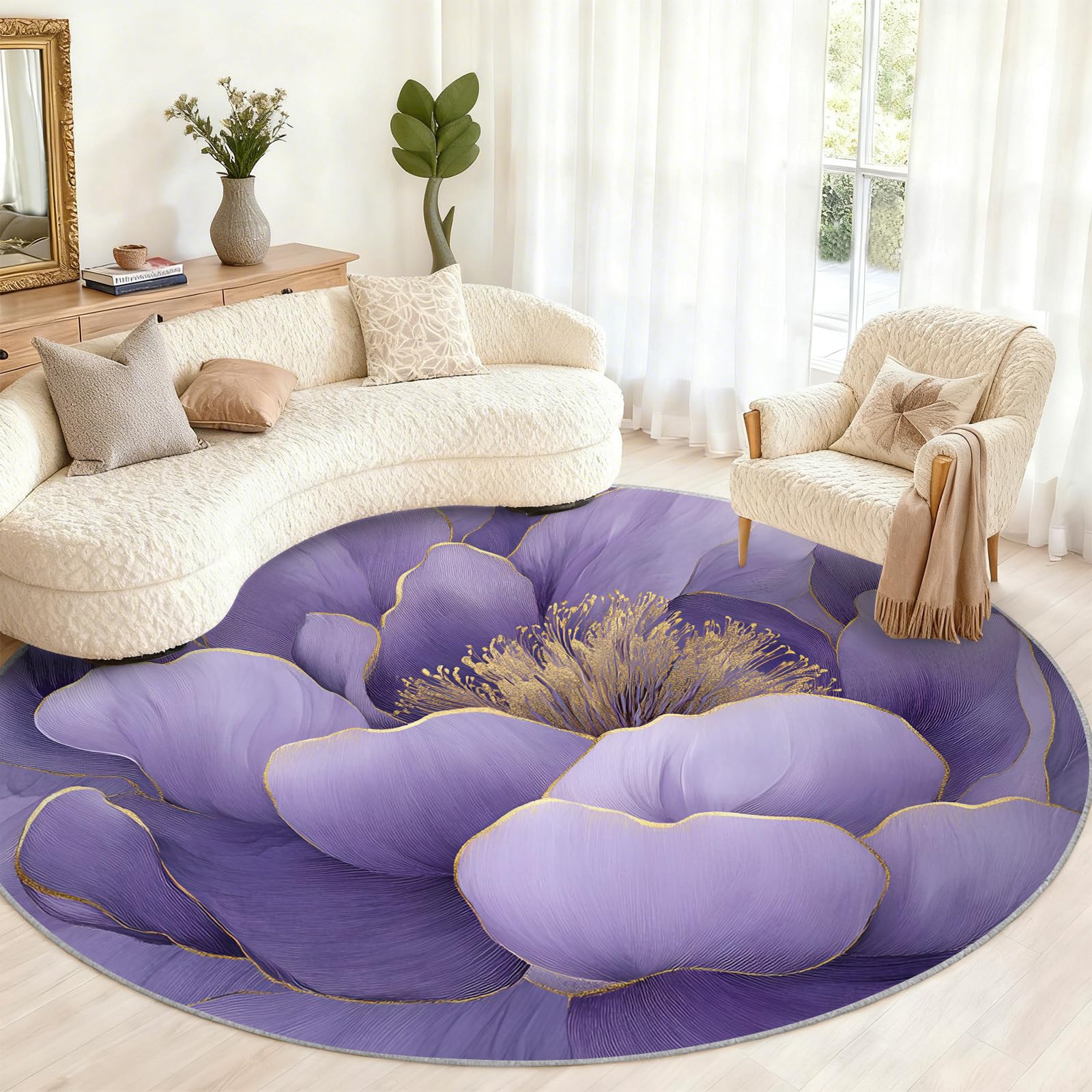 Tapis rond pivoine lavable et antidérapant pour couloir chic