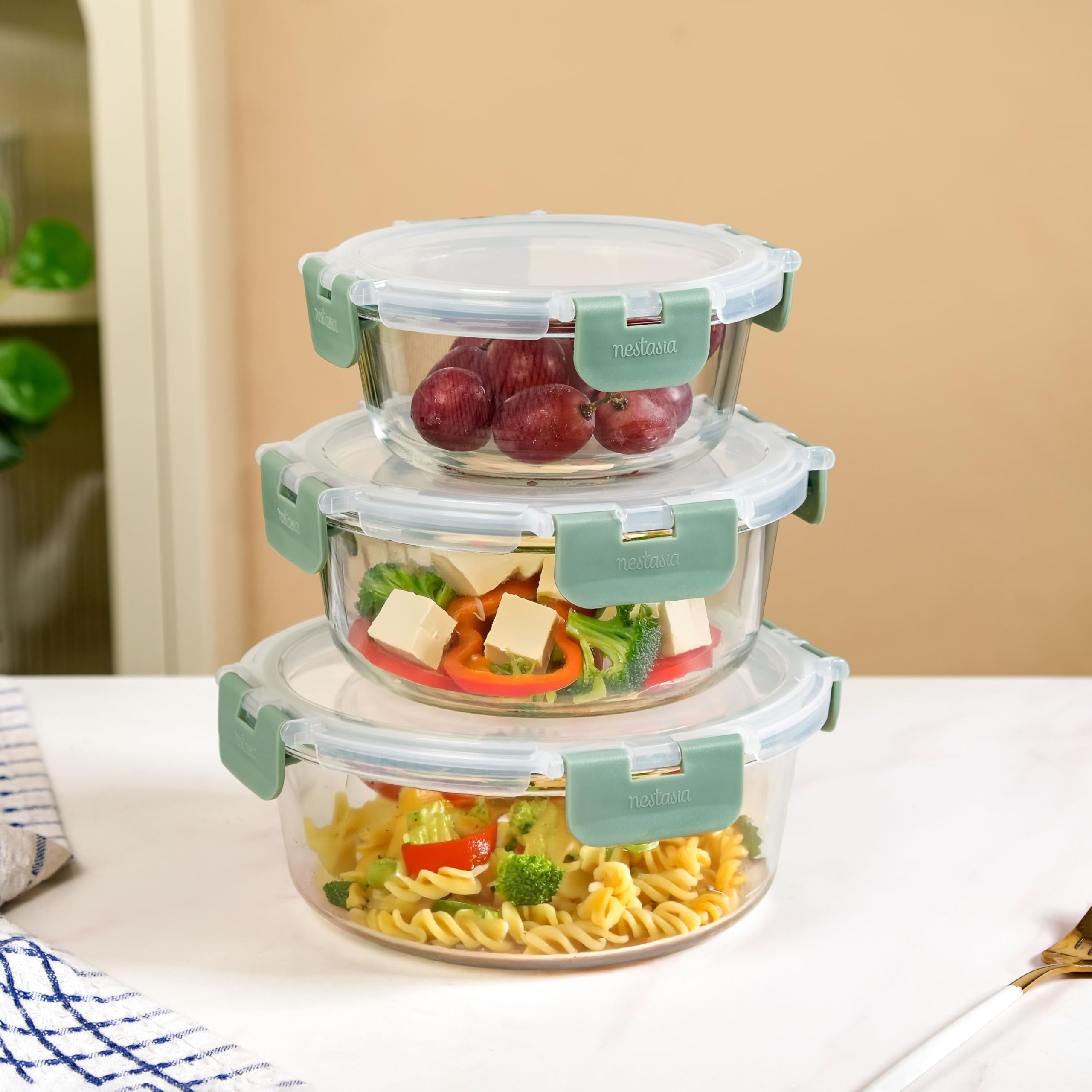 Nestasia Nestro Airtight Glass Containers with Lid Set of 3 (400ml, 600ml, 950ml) | Spill Proof Round Glass Containers with Break Free Lock - Microwave, Dishwasher & Freezer Safe (Green)