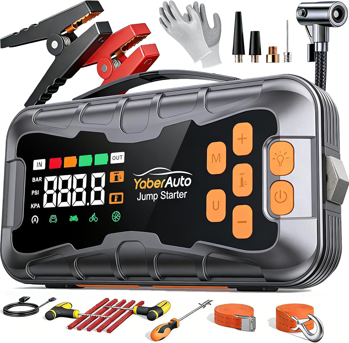 YaberAuto 16-in-1 Jump Starter with Air Compressor 8000A 160PSI, Tool Kits | 99.9Wh Jump Starter Battery Pack (All Gas/14L Diesel) Jump Box Car Battery Jumper Starter Portable Jumper Cables, Glove Tools