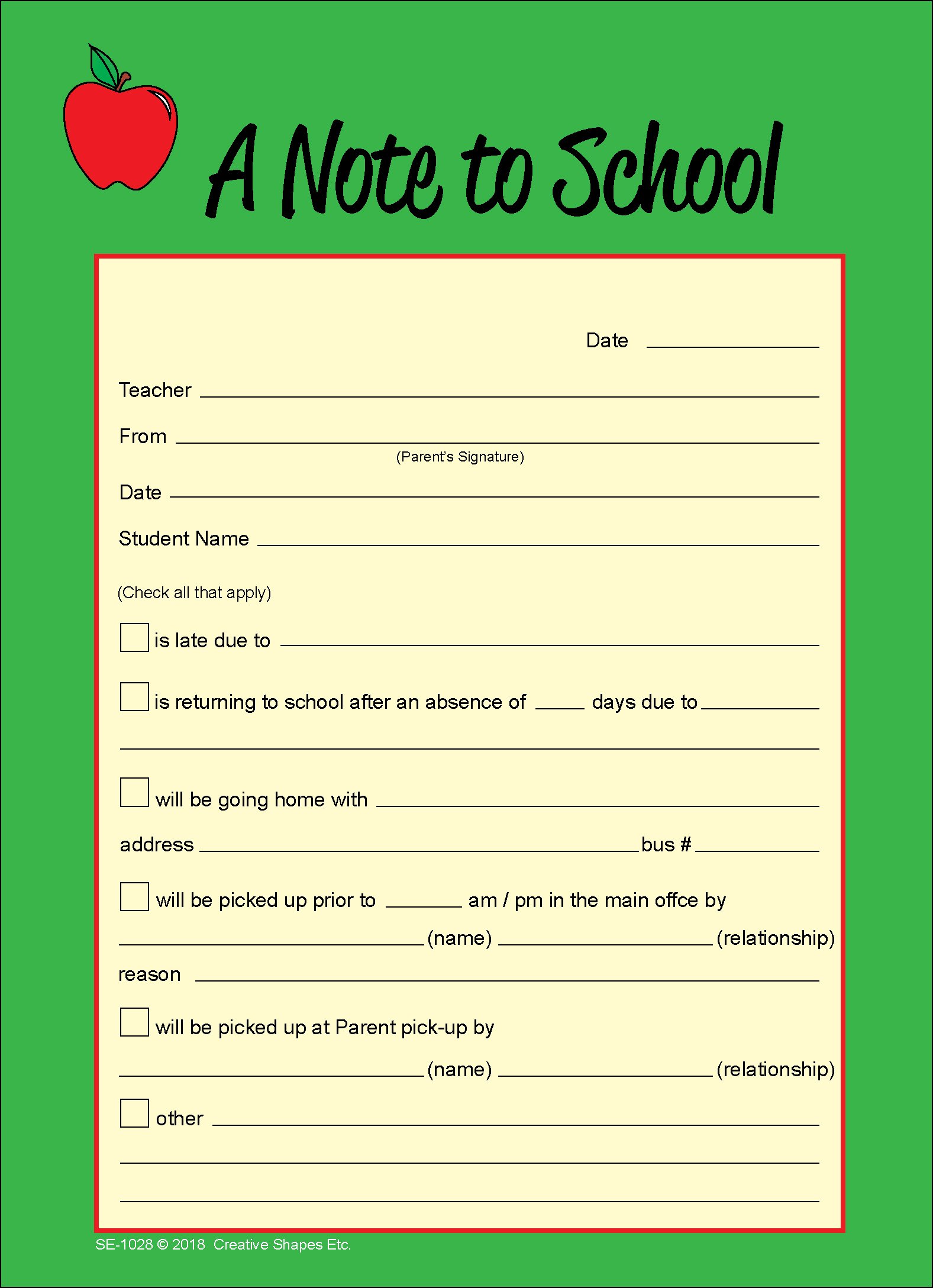 SHAPES ETC. 50 Sheets Note to School - Notes to Parents 5x7in Notes to School Student Pickup Information Parent Communication with Office/Teachers Parent Tools Memo Pad USA Made