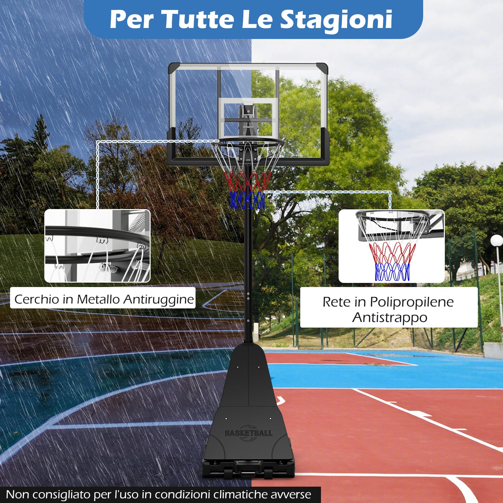 COSTWAY Canestro da Basket per Adulti, Canestro da Basket da Esterno ed Interno Regolabile 150-365 cm con Tabellone in PC, Ruote, Asta e Base Riempibile