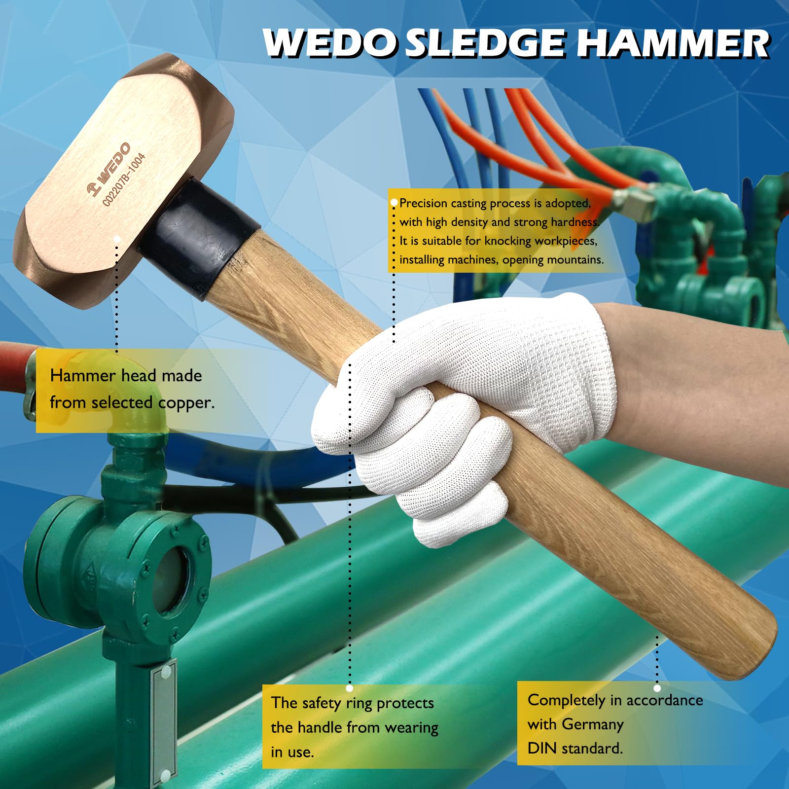 WEDO Fäustel,Kupferhammer,Vorschlaghammer mit Holzgriff,910g,Länge 320mm,Trockenbauhammer,Stemmhammer,Abbruchhammer Einsatz bei Präzisionsabbrucharbeiten