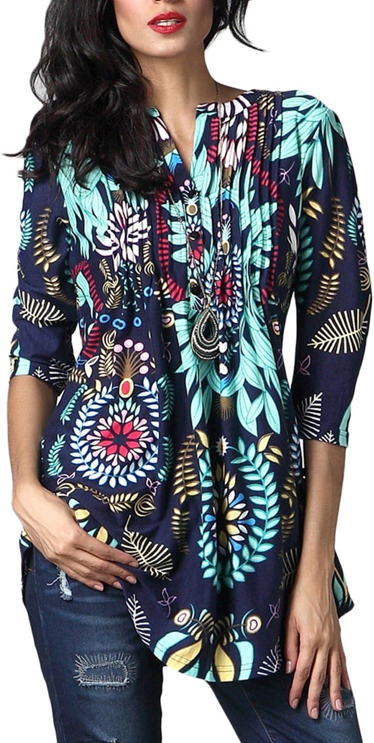 Lanisen Women's Vintage Floral Ethnic Casual 3/4 Sleeve Blouse Tops Tunic Dress Floral4 S