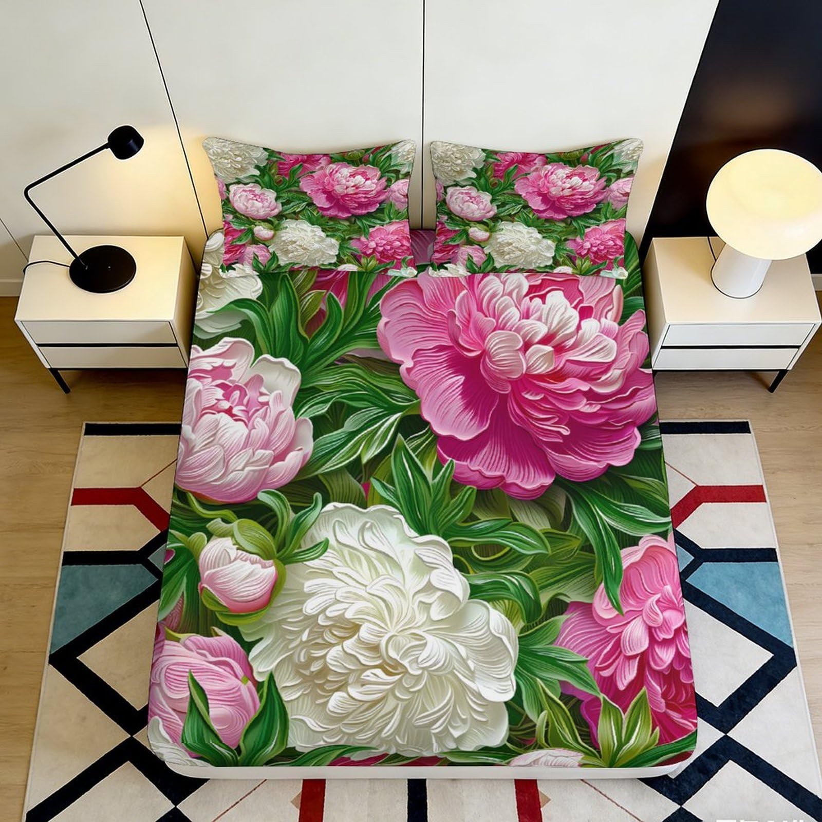 3D Printed Pink White Peony Fitted Sheet Microfiber Floral Soft Durable Green Leaf Bed Cover for Bedroom Dorm Dormitory Guest Room Mattress Protection 180x200x25cm