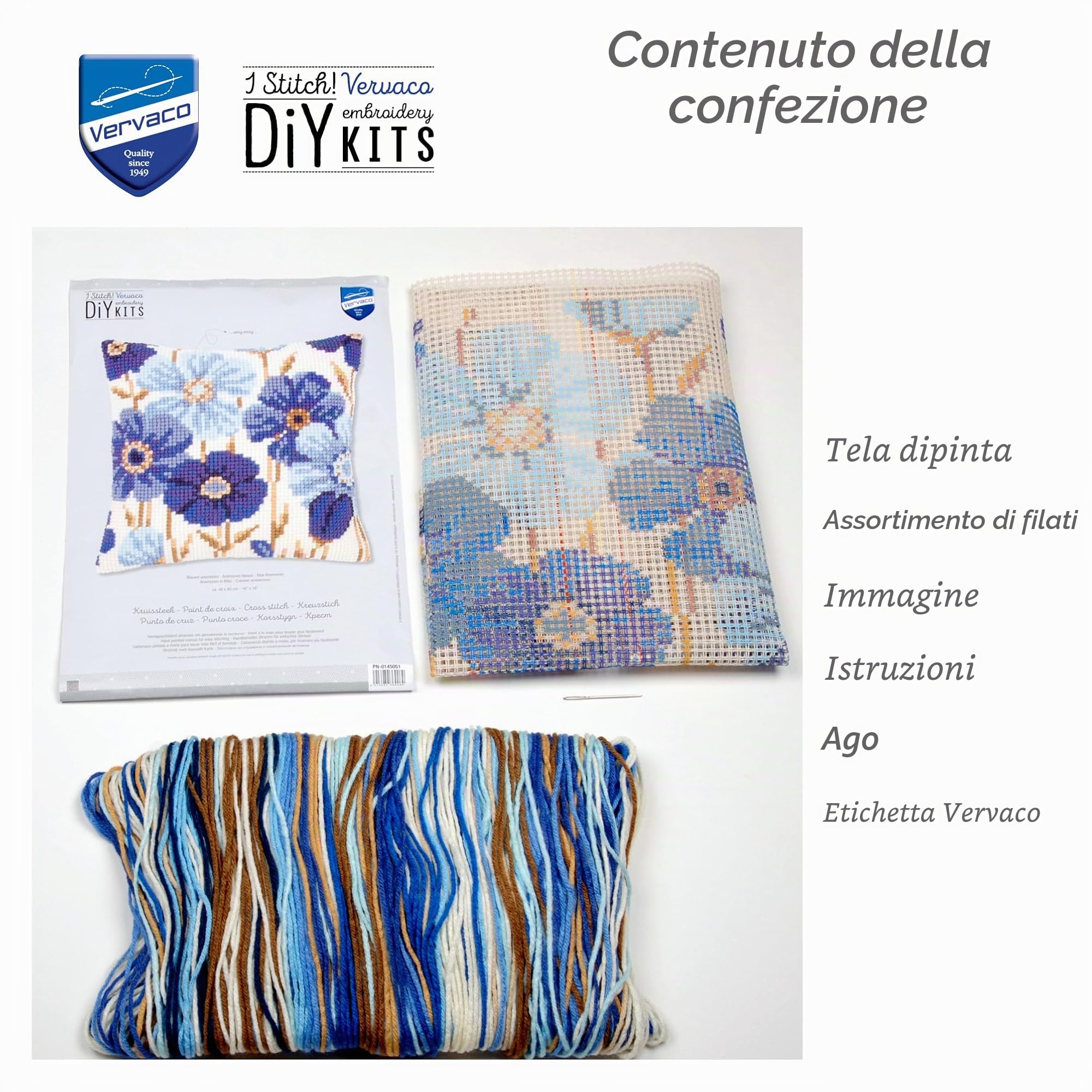 VERVACO Kit Cuscino Punto Croce ANEMONI Blu Set Ricamo Principianti Cuscini Gobelin Decorativi ca. 40 x 40 cm Accessori per Lavoretti Creativi DIY Casa Decor Hobby Adulti Cross Stitch