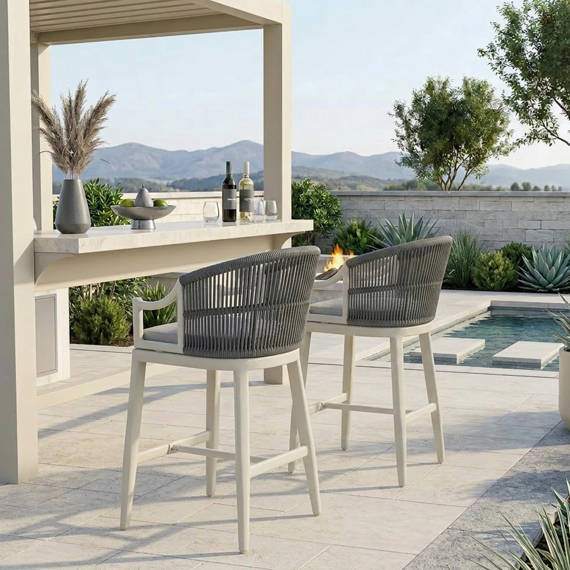 PURPLE LEAF Counter Height Patio Bar Stools Set of 2 Handwoven Rope, White
