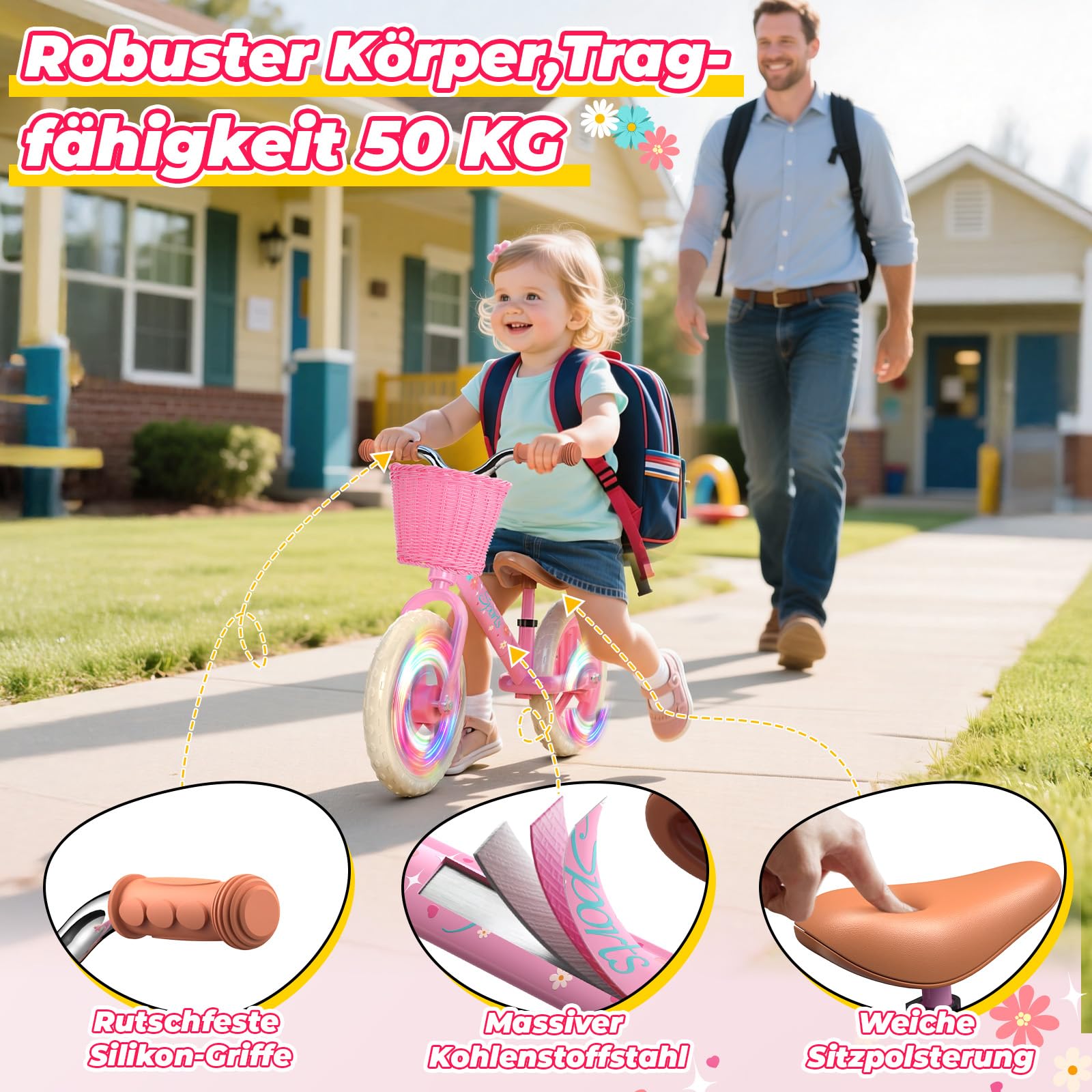 HappyGoLucky Laufrad Ab 2-5 Jahre, Kinder Lauflernrad – Leuchträder/Höhenverstellbar/Geflochtener Korb, Spielzeug Geschenk 2-5 Jahre Mädchen Outdoor Kinderspielzeug