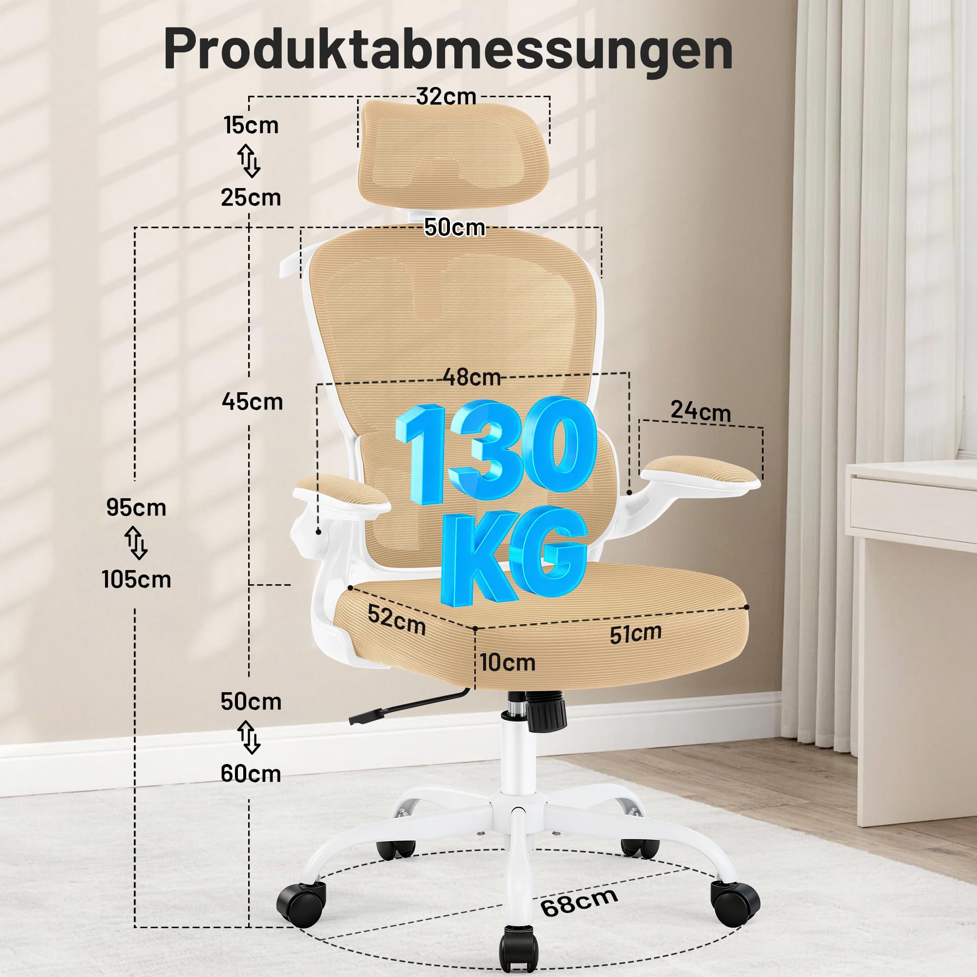 Ergonomischer Bürostuhl mit Kopf- & Lendenstütze, Khaki | belastbar bis 150 kg , Atmungsaktive Netzbespannung, höhenverstellbarer Drehstuhl mit Rollen, für Büro & Homeoffice