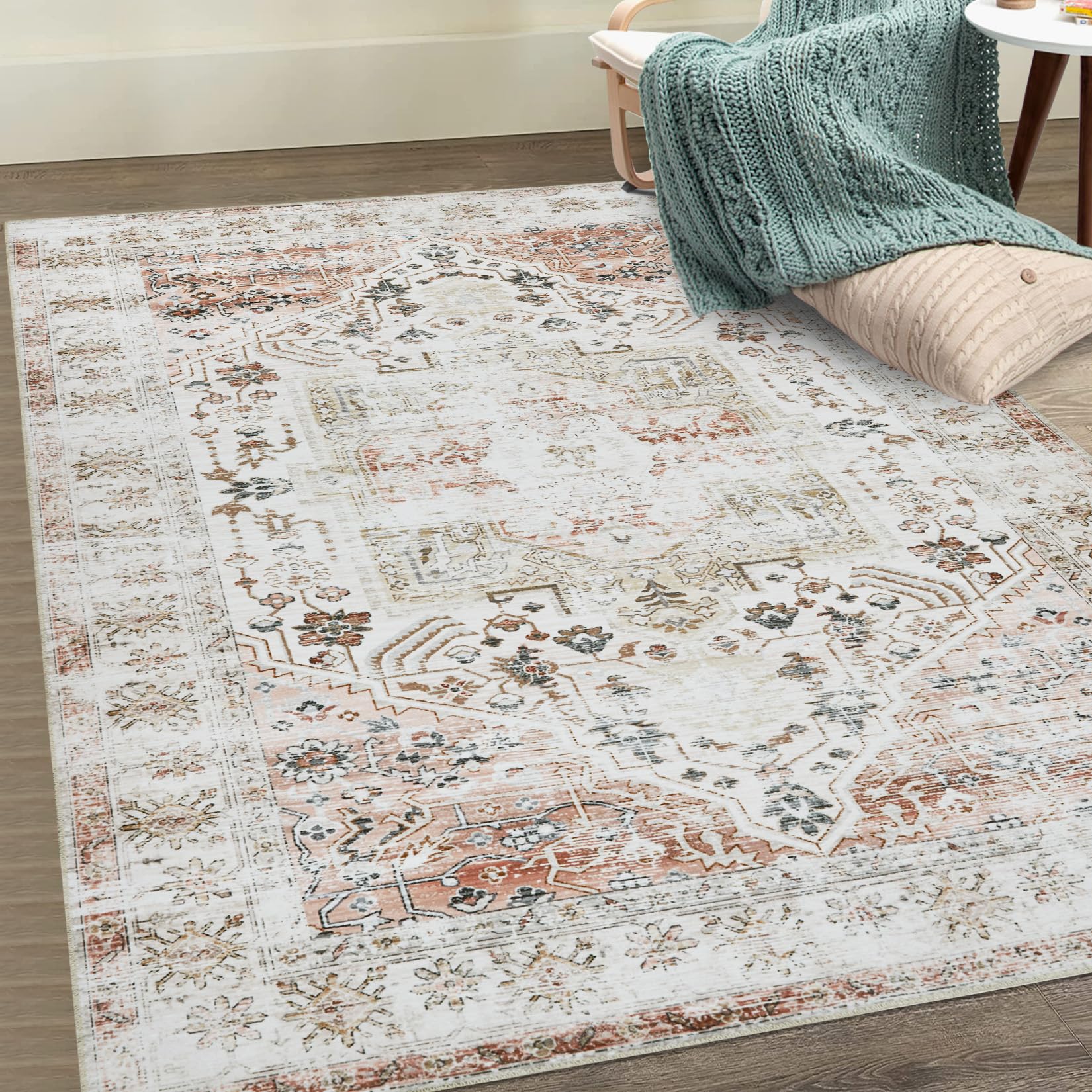 RUGSREAL Area Rug 9x12 Rug for Bedroom Floral Distressed Carpet Vintage Rug Indoor Floor Cover Lightweight Thin Rug Washable Non Slip Rug for Living Room Dining Room, Taupe, 9 x 12
