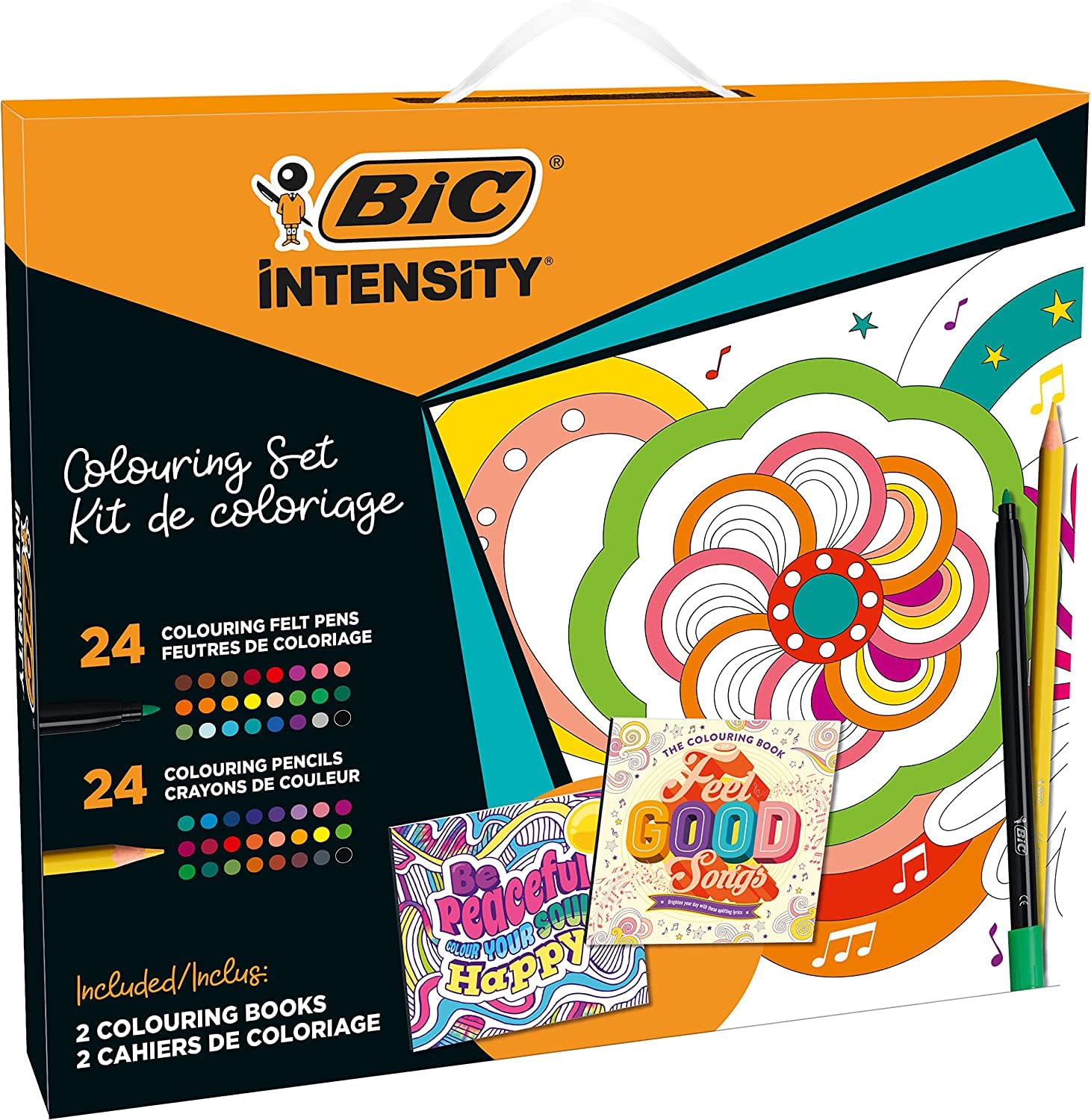 BIC Intensity Set de Colorear: Rotuladores y Lápices de Colores, 2 divertidos Libros para Colorear con Mandalas y Mensajes Inspiradores, Regala Creatividad, Relajación e Inspiración, 50 piezas