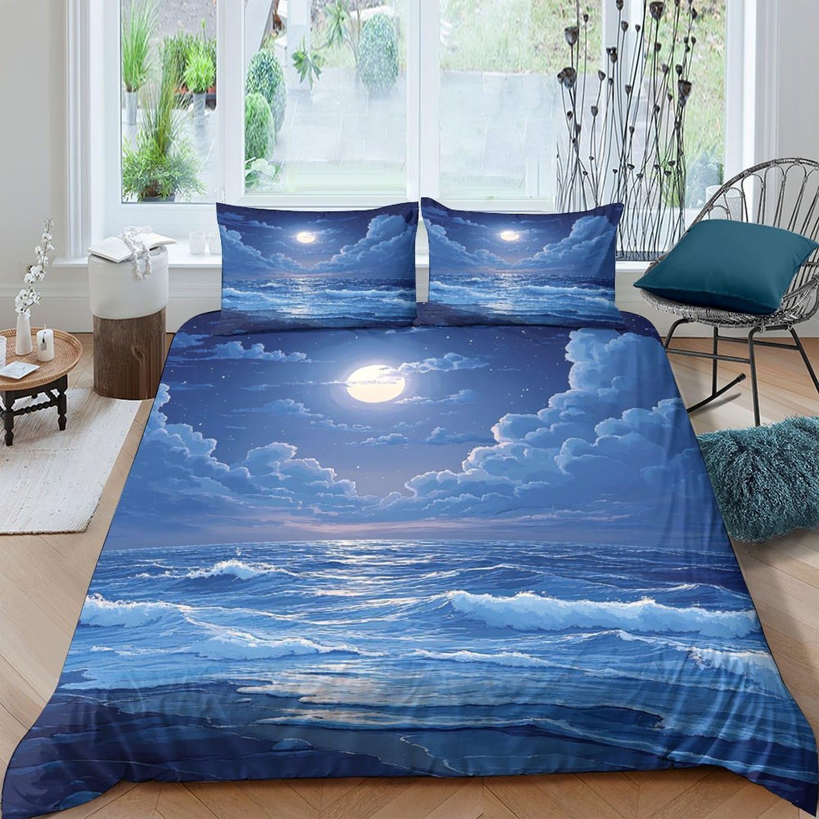 Ctjqhvkz Style-6 3D Printed Moonlit Ocean Fitted Sheet Microfiber Soft Blue Sky Mattress Cover For Bedroom Guest Room Mattress Protection Decor Single（135X200cm）