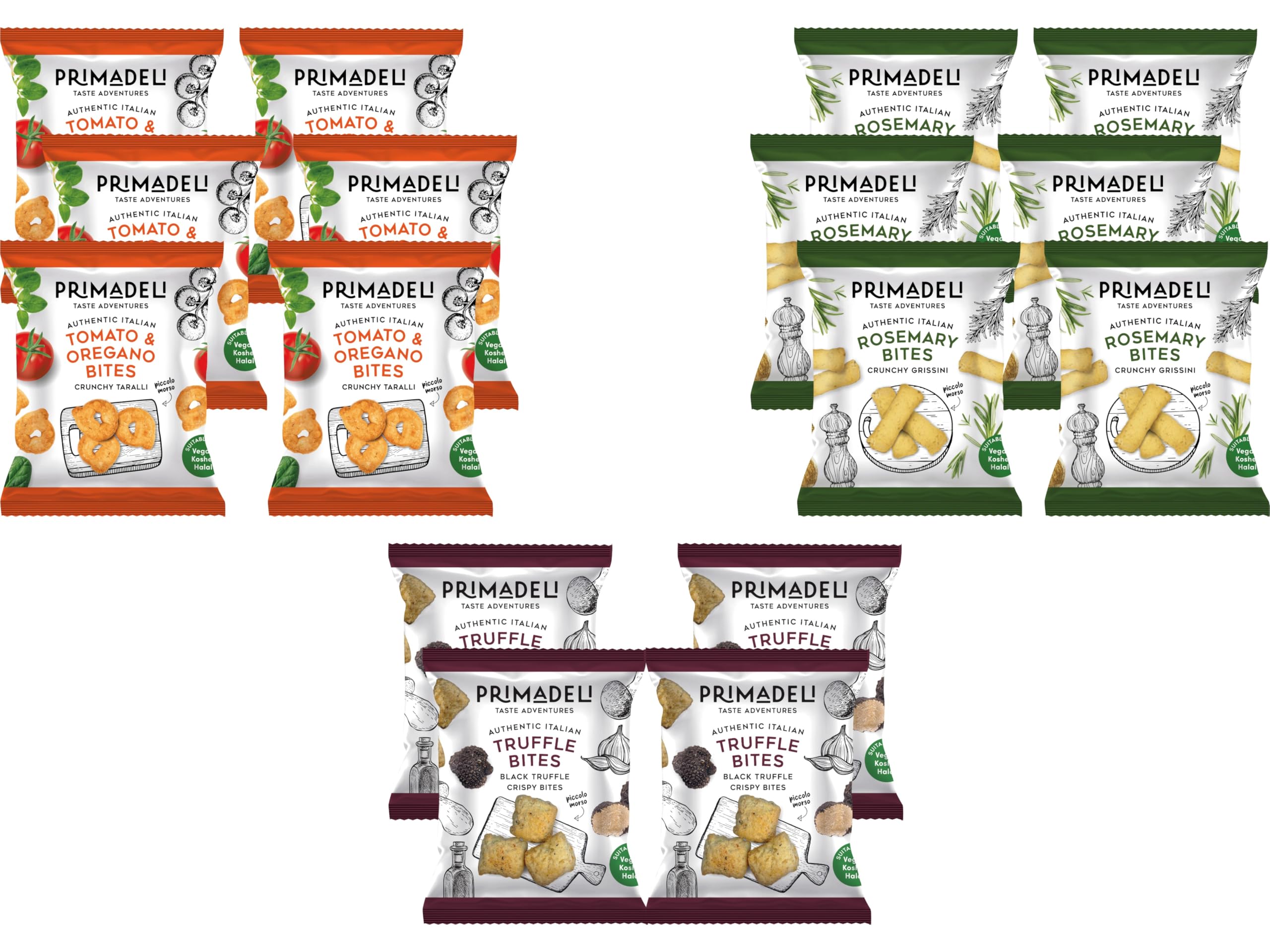 Primadeli - Taste Adventure - Tomato & Oregano Bites, Truffle Bites, Rosemary Bites - Vegan - (Variety Box) - 25g x 16 bags