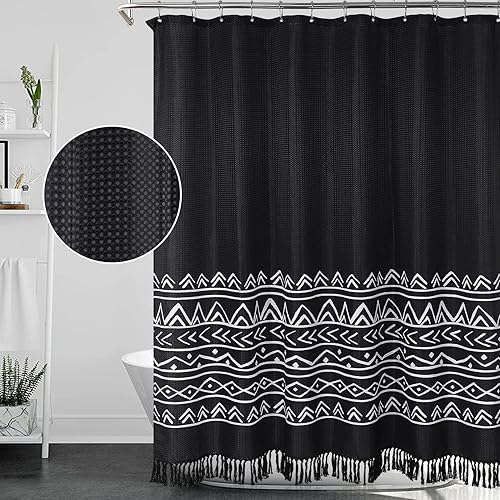 CAREMEE Cortina de ducha bohemia con borlas, decoración geométrica moderna, bohemia para baño, cortina de ducha impermeable y lavable, cortina de