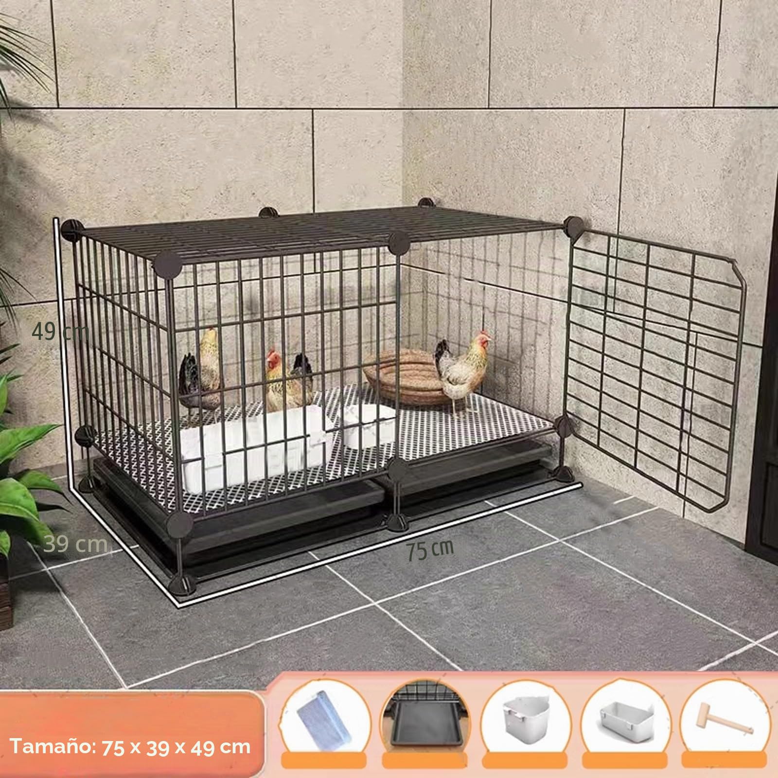 Jaula para Aves de Corral, Gallinero Interior con Bandeja Extraíble para Limpieza Fácil (75 x 39 x 49 cm)