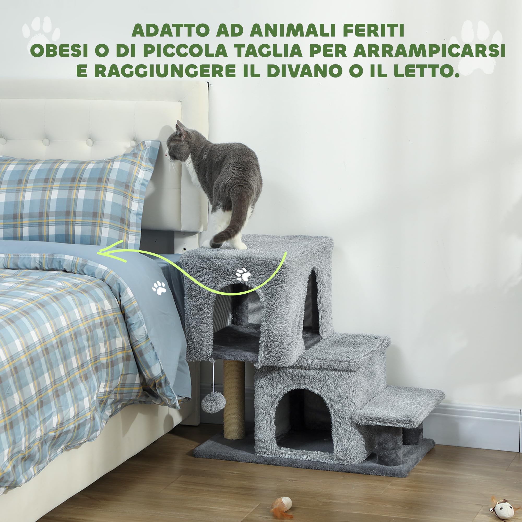 PawHut Scaletta per Gatti a 4 Gradini Regolabile in Altezza, Scalini per Gatti con 2 Casette, Palo Tiragraffi e Pallina, Scaletta per Cani e Gattini per Letto e Divano, Grigio