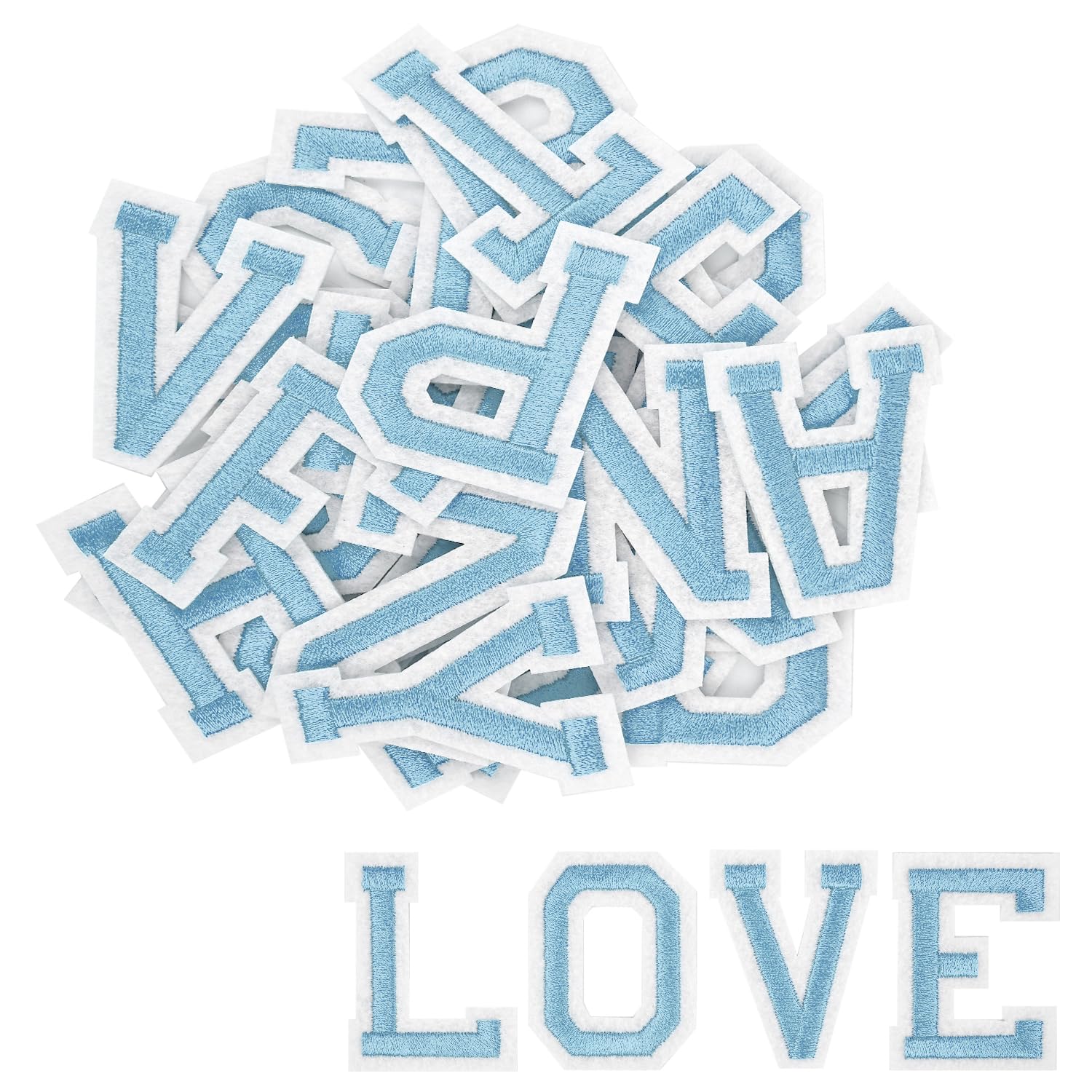 52Pcs Iron on Letters, A to Z Iron on Patches Ironed Adhesive Iron on Letters for Clothes Alphabet Repair Patches Jackets Shirts Hats Bags Jeans DIY Projects (Light Blue)
