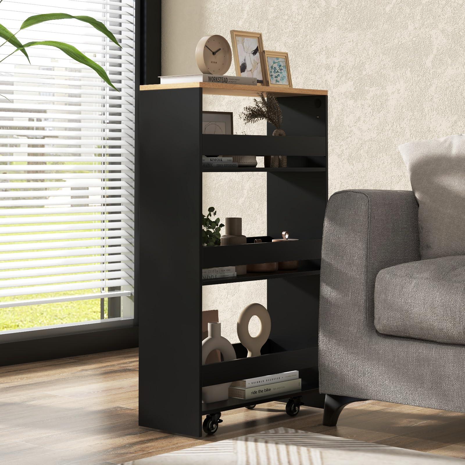 FANTASK Nischenregal 20 cm Breit, Nischenwagen auf Rollen 4 Etagen, Nischenschrank schmal mit Griff & Geländern, Rollregal Holz für Küche, Badezimmer, 47,5 x 20 x 80,5 cm (Schwarz)