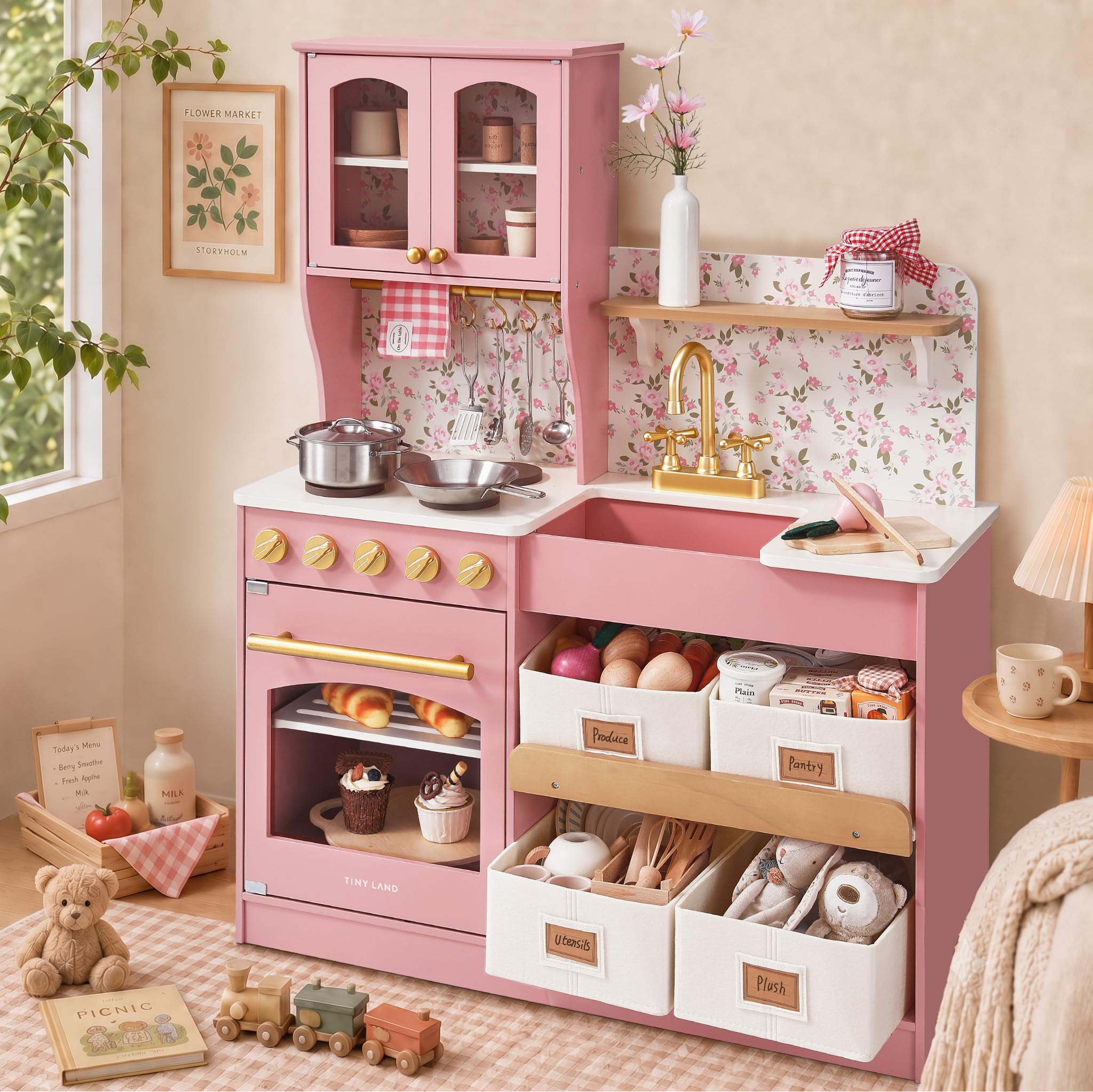 Wooden Play Kitchen for Kids with Toy Storage for Pretend Play