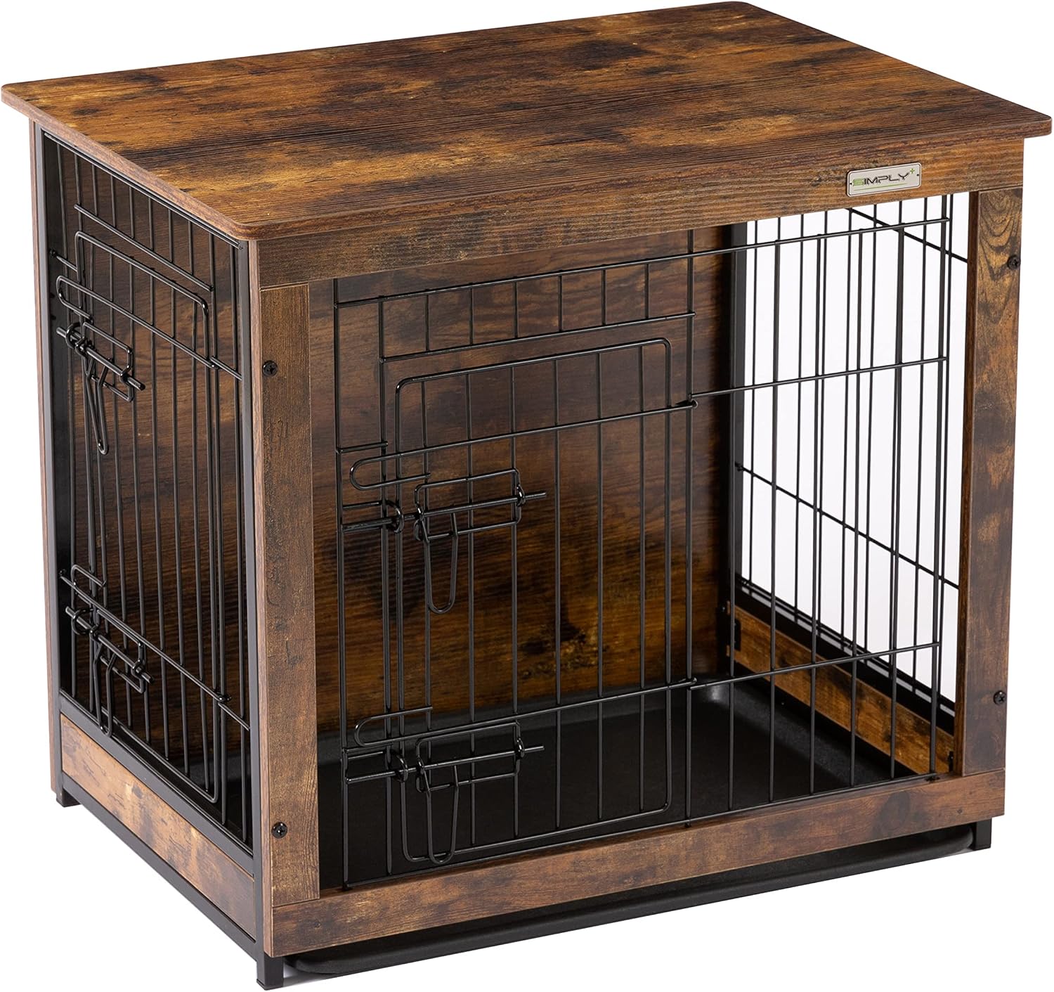 SIMPLY+ Wooden Dog Crate with Slide Tray, Wooden Wire Dog Kennels with Double Doors, Detachable Top Cover Indoor Pet Crate Side…