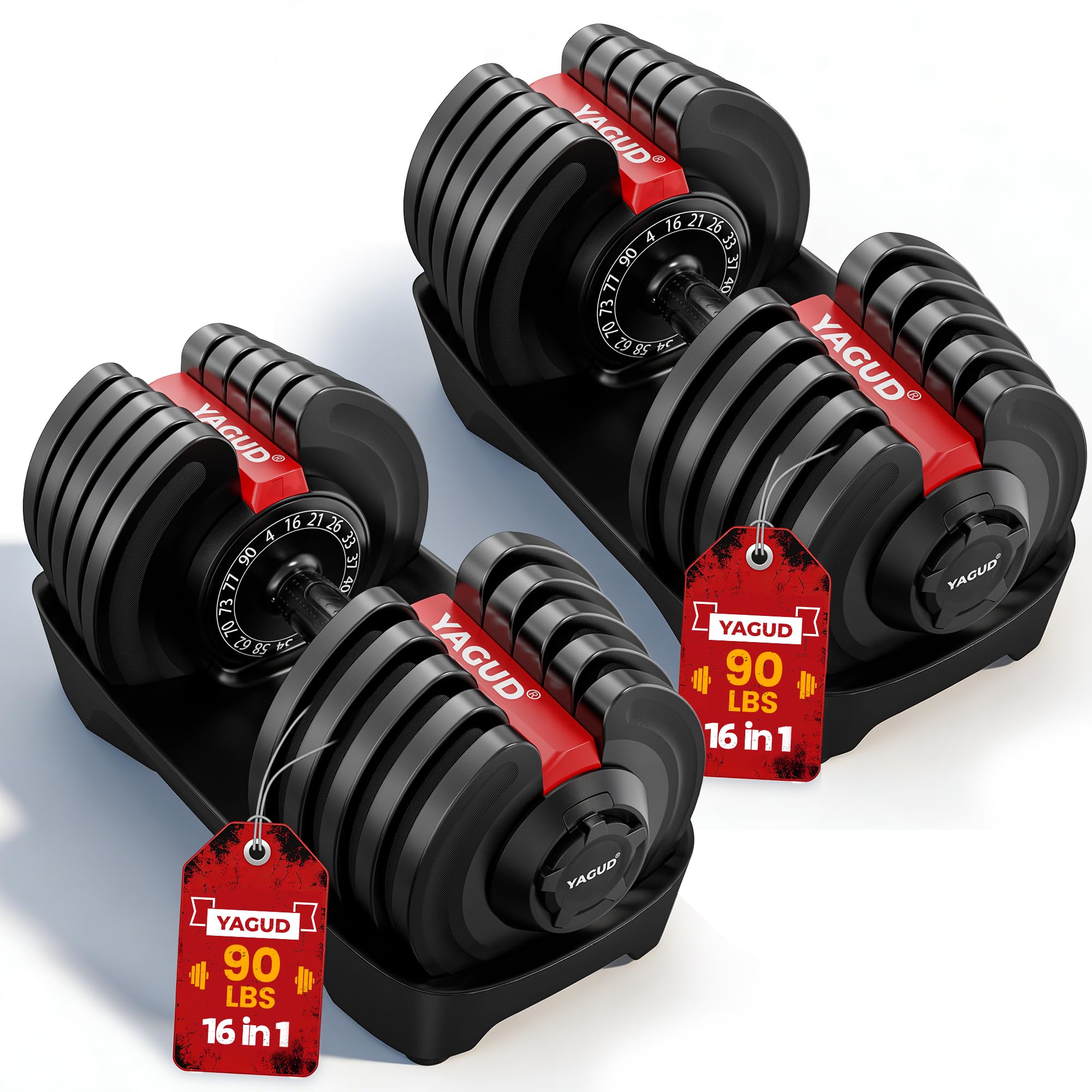 Yagud Adjustable Dumbbell Set, 52.5/90 lbs Weights Dumbbells, 1 Hand Rotation, Safety Lock System, Anti-Slip Textured Handle, Space-Saving Dumbbell Set for Full-Body Home Gym