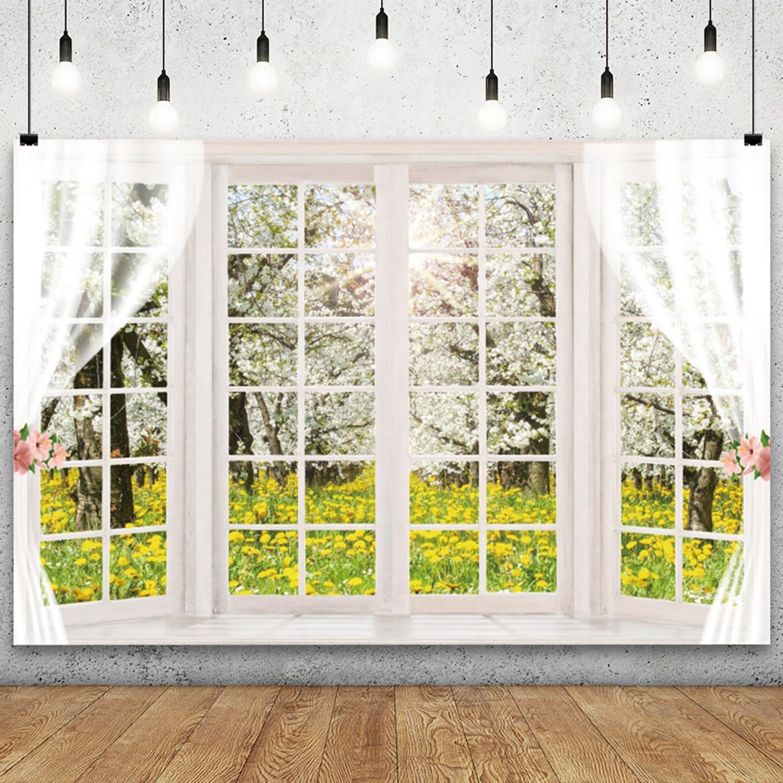 5x3ft Spring Window Scenery Backdrop Yellow Wild Flowers Garden Spring Blossom Lush Trees Nature Landscape Photo Background Girl Woman Birthday Party Kids Adults Portrait Photo Studio Prop