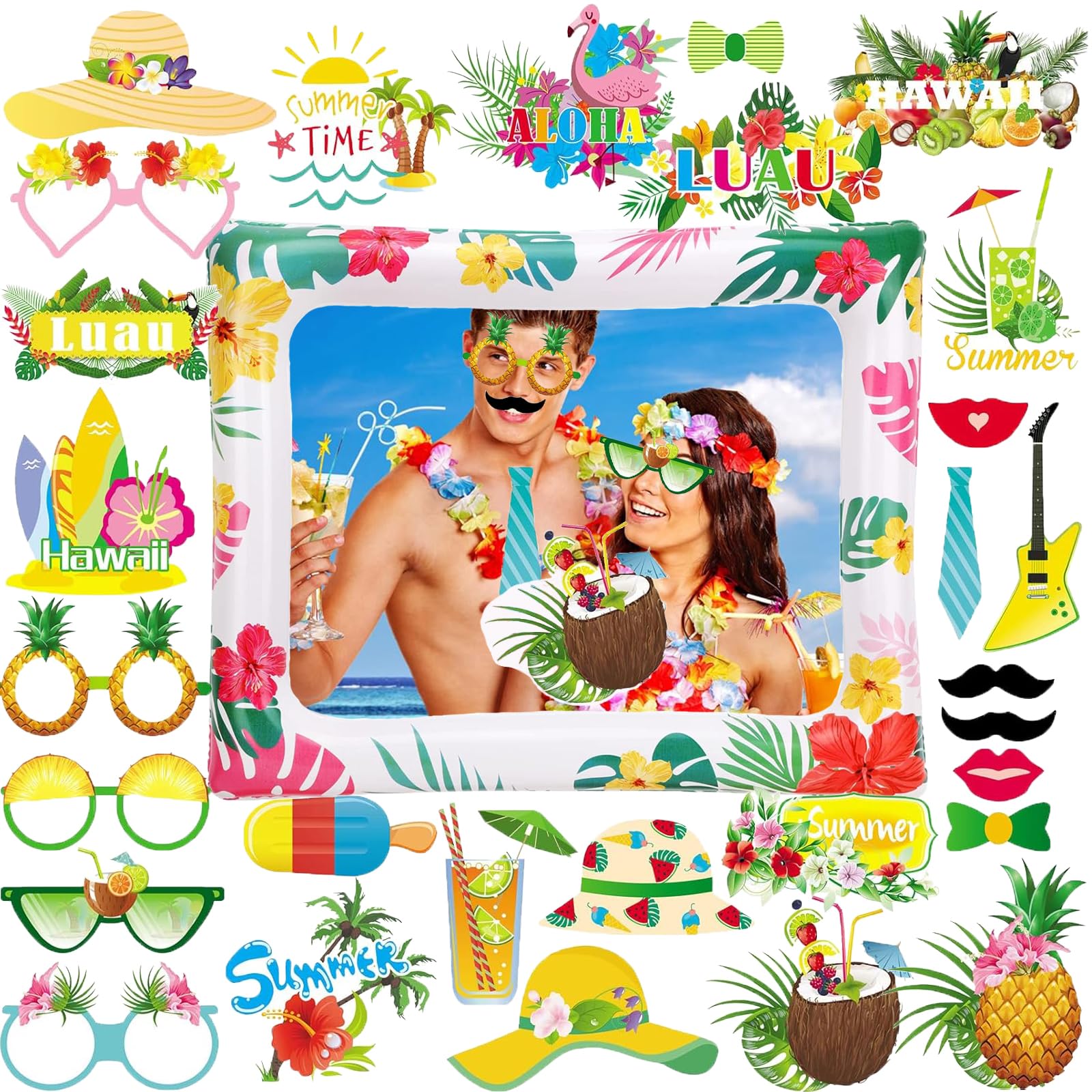 Acquwistach Hawaiian Party Decorations, 1PC Hawaii Inflatable Selfie Frame with 30PC Summer Photo Booth Props Kit, Funny DIY Selfie PhotoBooth Props for Summer Swimming Pool, Summer Beach