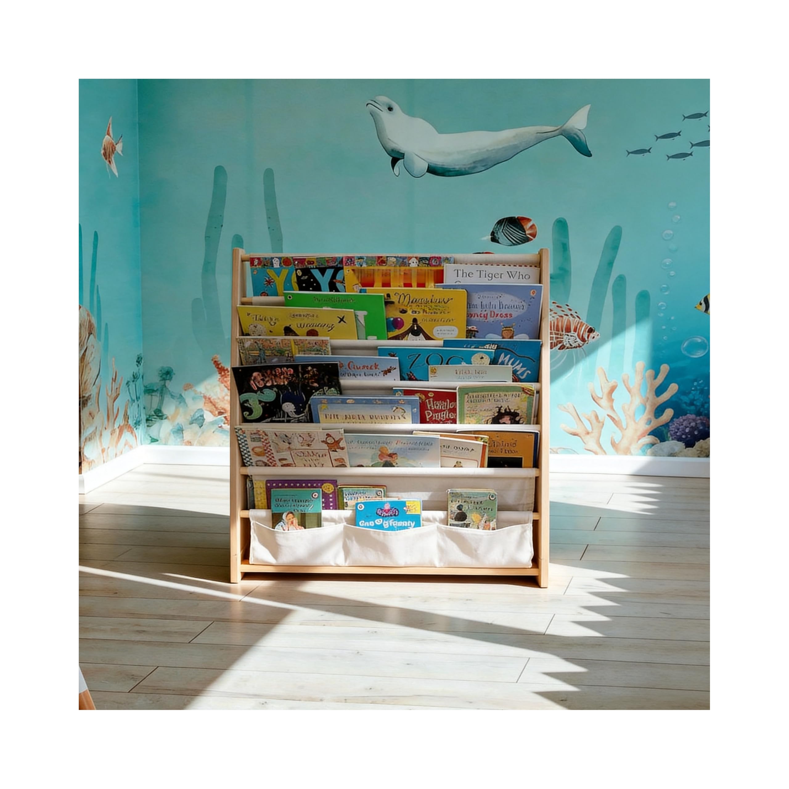 NCEDNㅤ Upgraded 7-Tier Kids' Bookshelf - Wooden Children’s Bookcase Storage Rack with Sling Pockets, Easy Access Book Display Shelf for Toddler, Nursery and Kids Room, Cream Beige