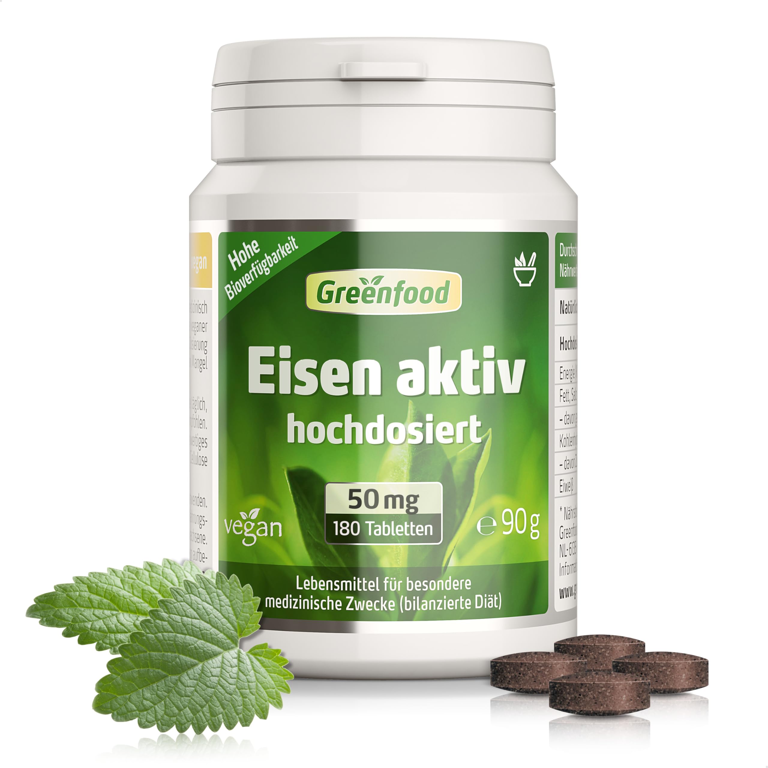 Eisen aktiv, hochdosiert, 50mg - 180 Tabletten, vegan. Eisenbisglycinat - gut verträglich - gegen Müdigkeit & Erschöpfung, Eisenmangel. OHNE künstliche Zusätze - laborgeprüft. Von Greenfood.
