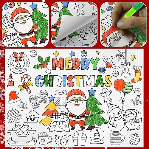 Miniatura 3 de Juego de 30 manteles individuales desechables de Navidad para niños, tapete de papel de Papá Noel, actividades de colorear, árbol de Navidad, hojas