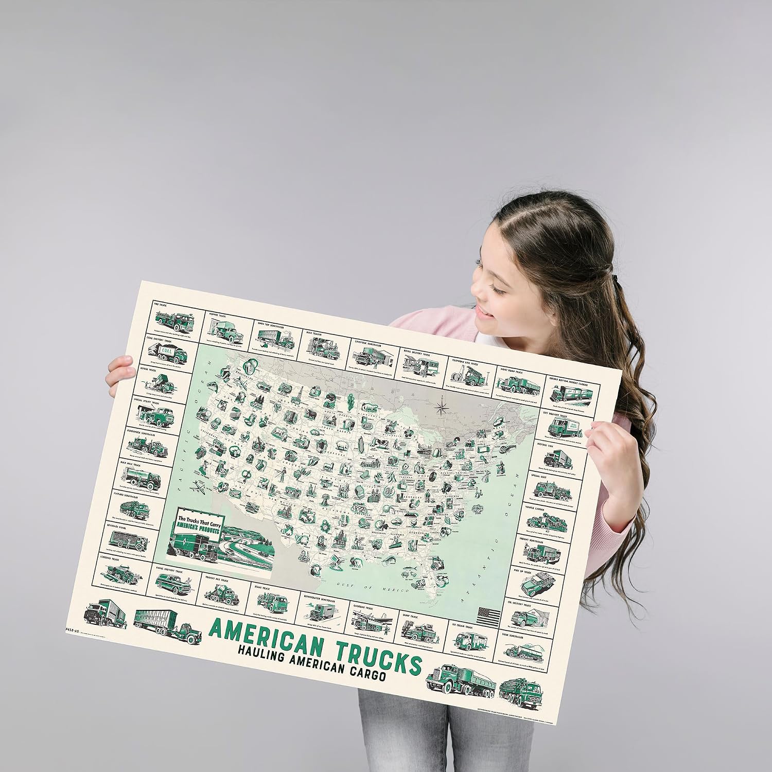 Vintage Trucks Map of the United States | Americas Products Made and Transported in the USA circa 1958 | Art Print Poster Antique Wall Decor (Artist Canvas, 16 x 24 inches)