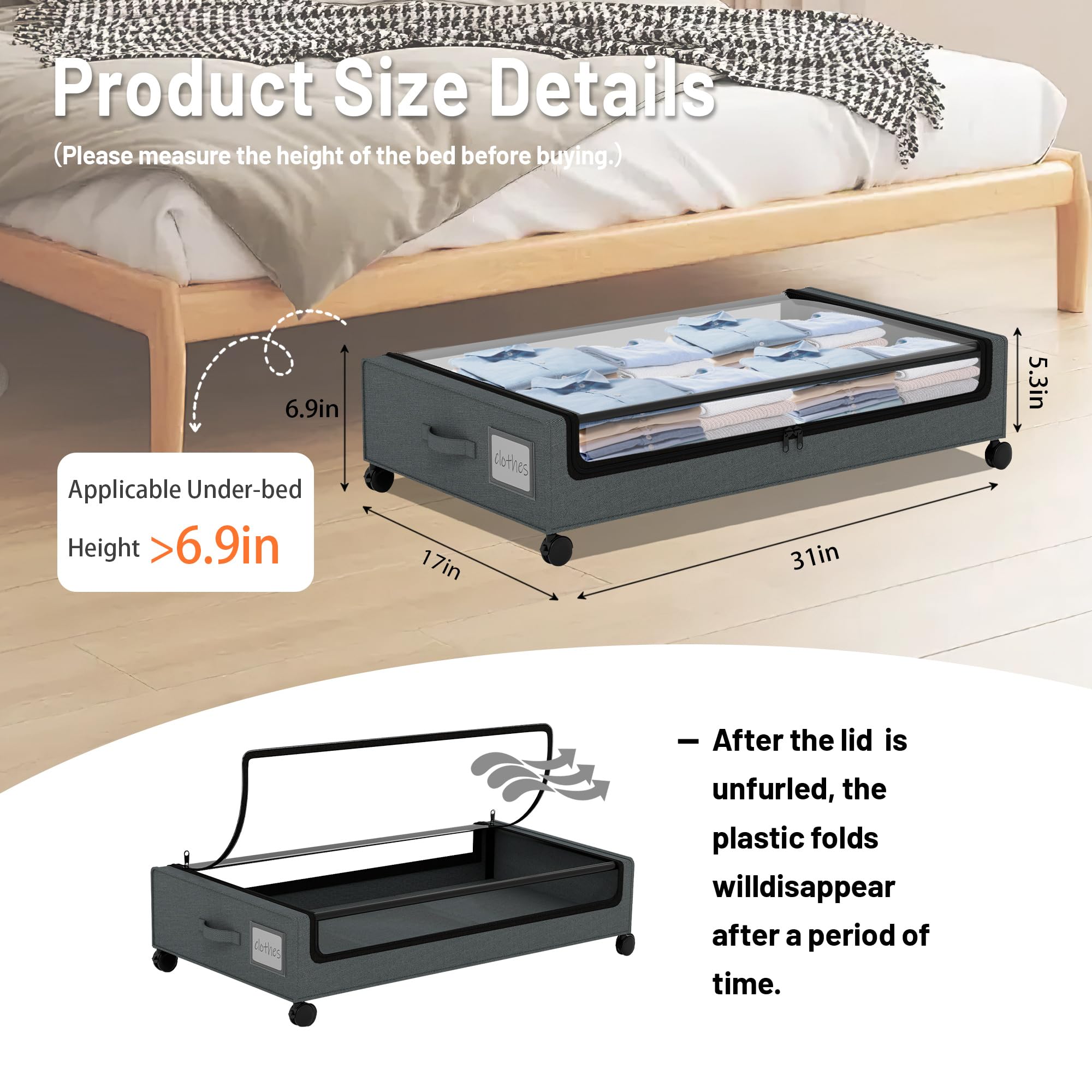 Under Bed Storage with Wheels 2 Pack: XXL 60L Under Bed Storage Containers with Lids, Large Under the Bed Storage with Wheels, Storage Drawers for Clothes, Books, Shoes, Grey