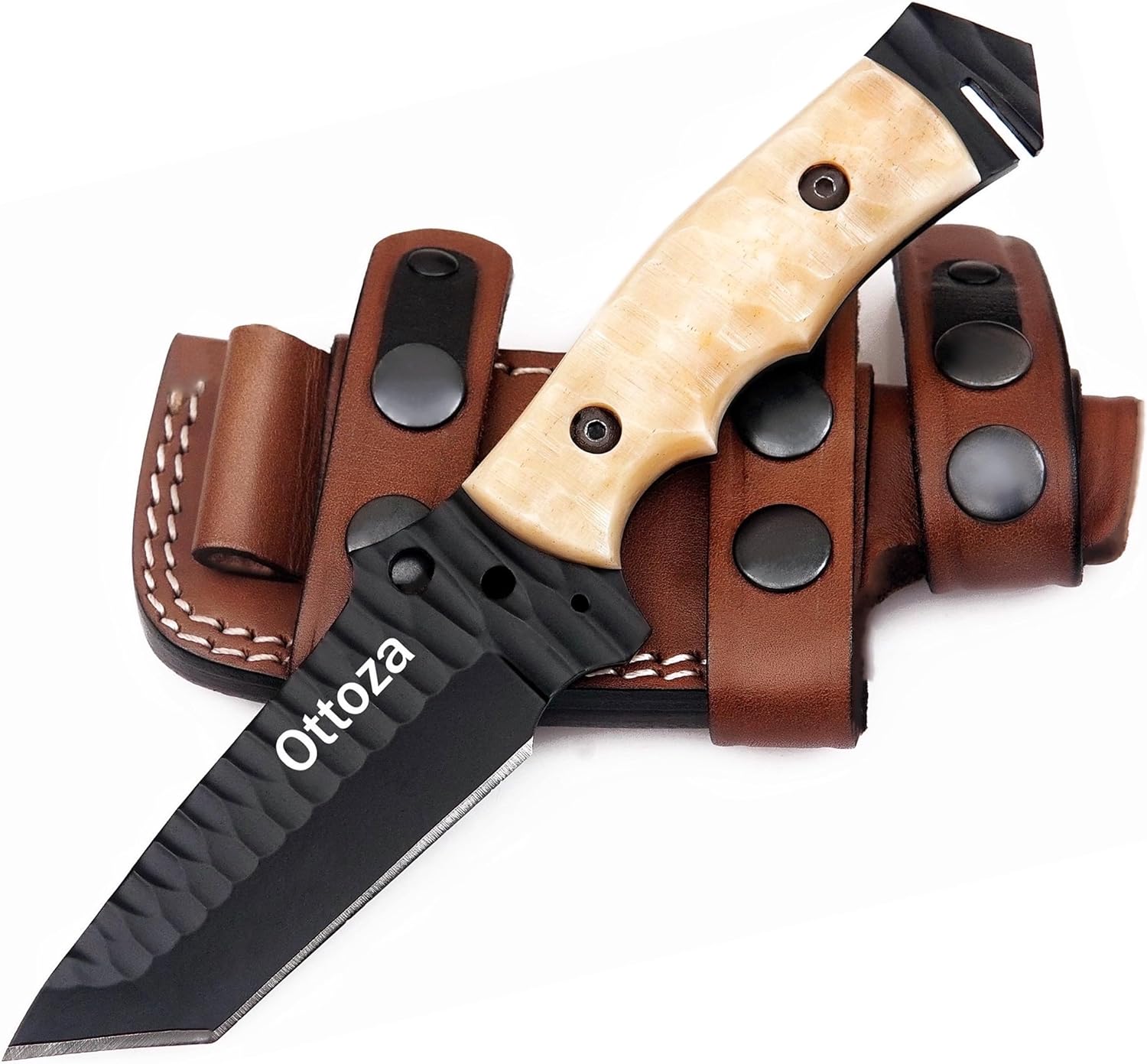 Ottoza Tanto Tactical Knife with Fixed Blade and Horizontal Carry Leather Sheath - Compact Military EDC Knife - Bone Handle 379