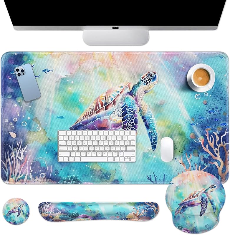 Keyboard Mouse Pad Set, 4 in 1 Desk Mat Set, Sea Turtle Cute | Ocean Large Mousepad+Keyboard Wrist Rest+Mouse Wrist Rest+Coaster Ergonomic Design for Home Office Computer